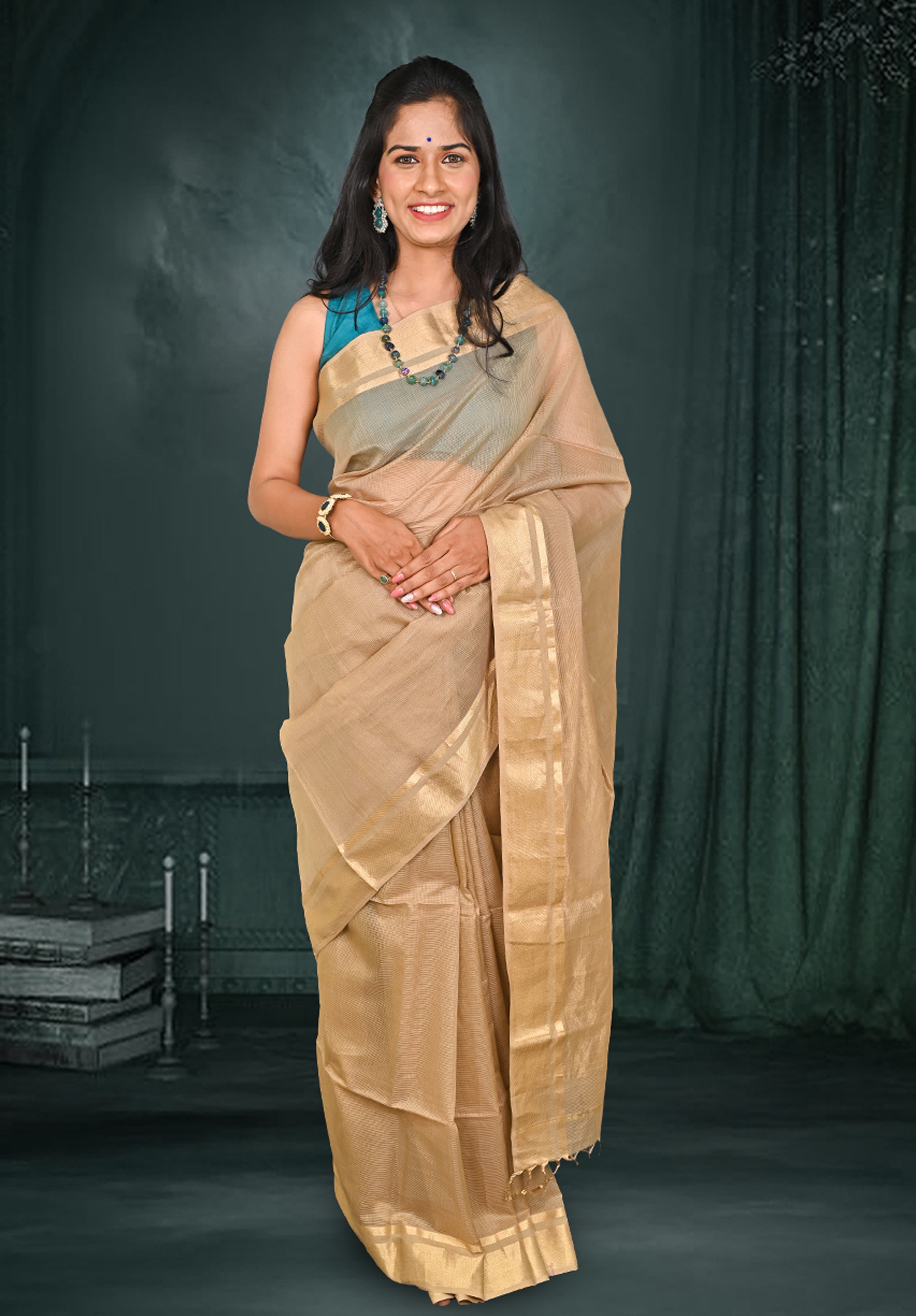 Pure Maheshwari Saree With Blouse Piece – Fawn