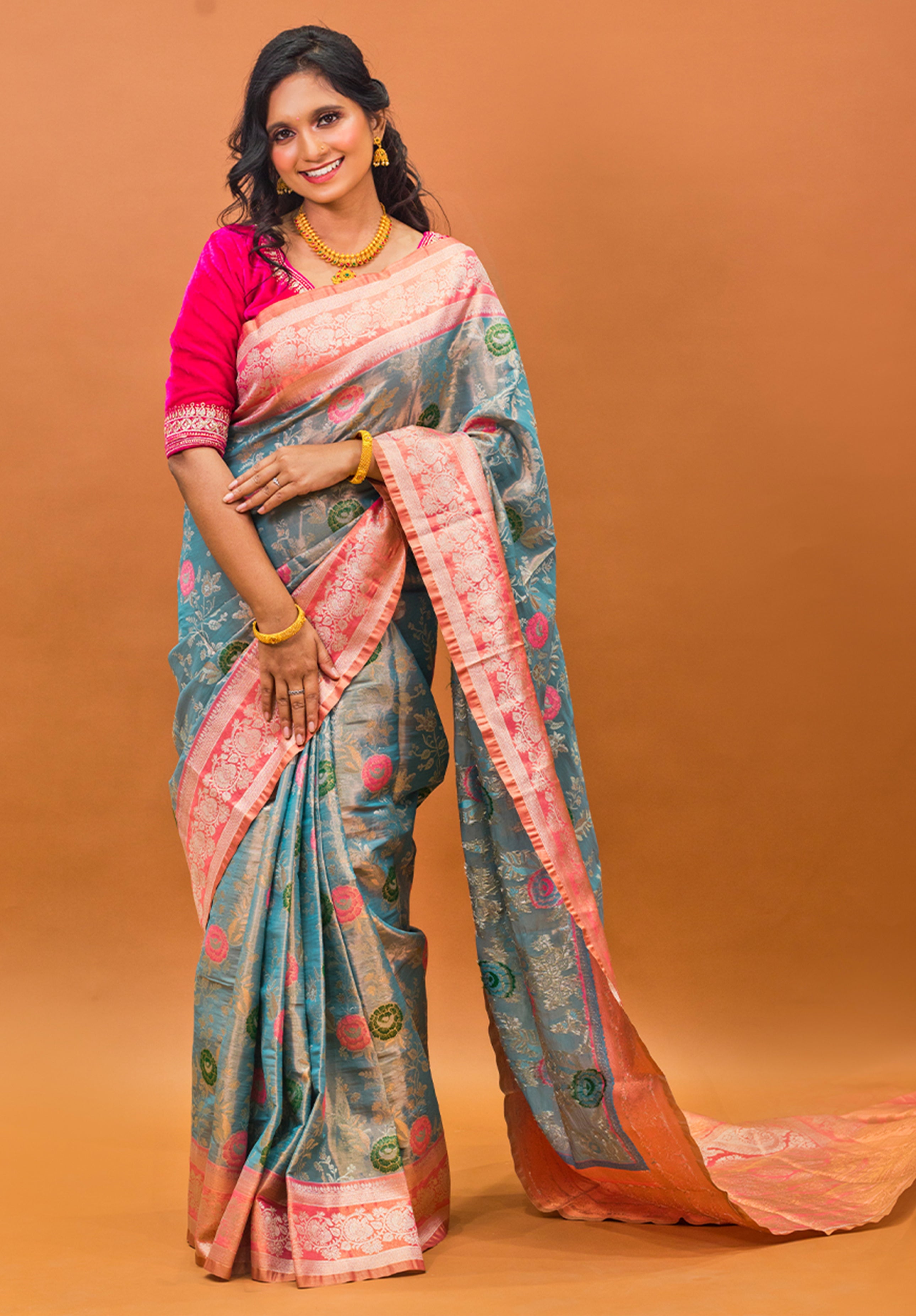 Pure Tissue Kanjivaram Silk Saree With Blouse Piece-Gray