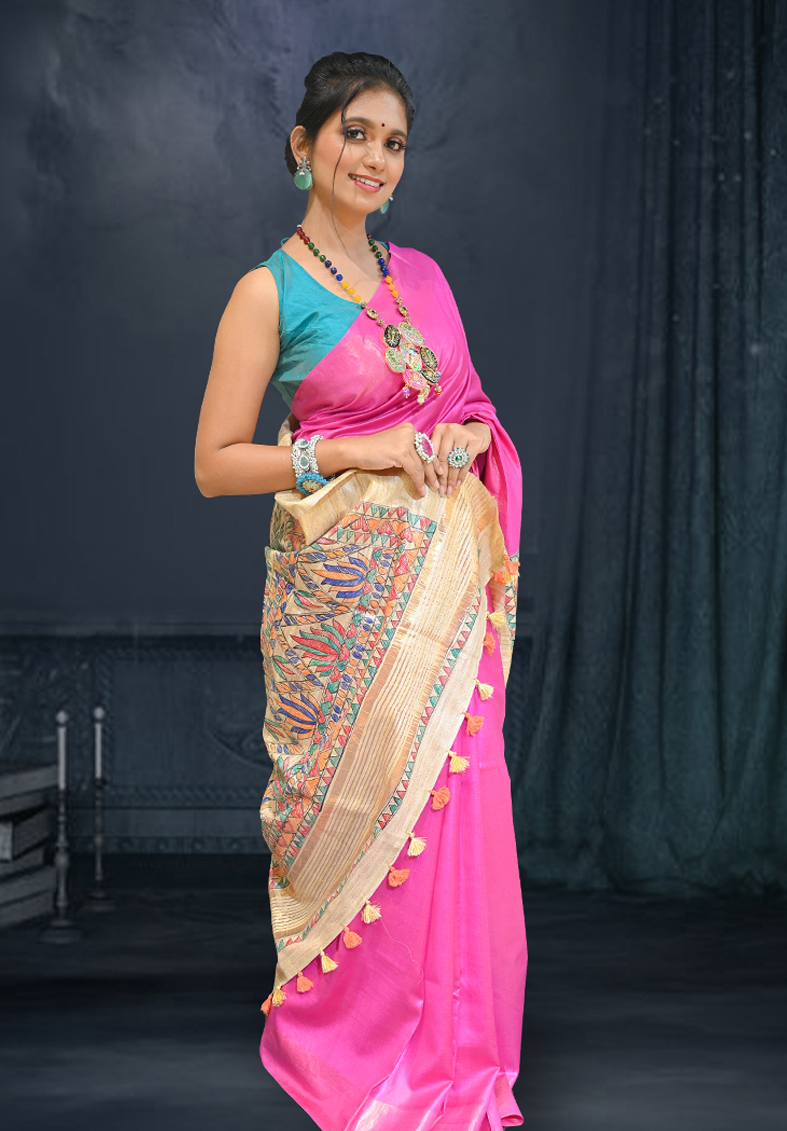 Pure Madhubani Saree With Blouse Piece – Pink