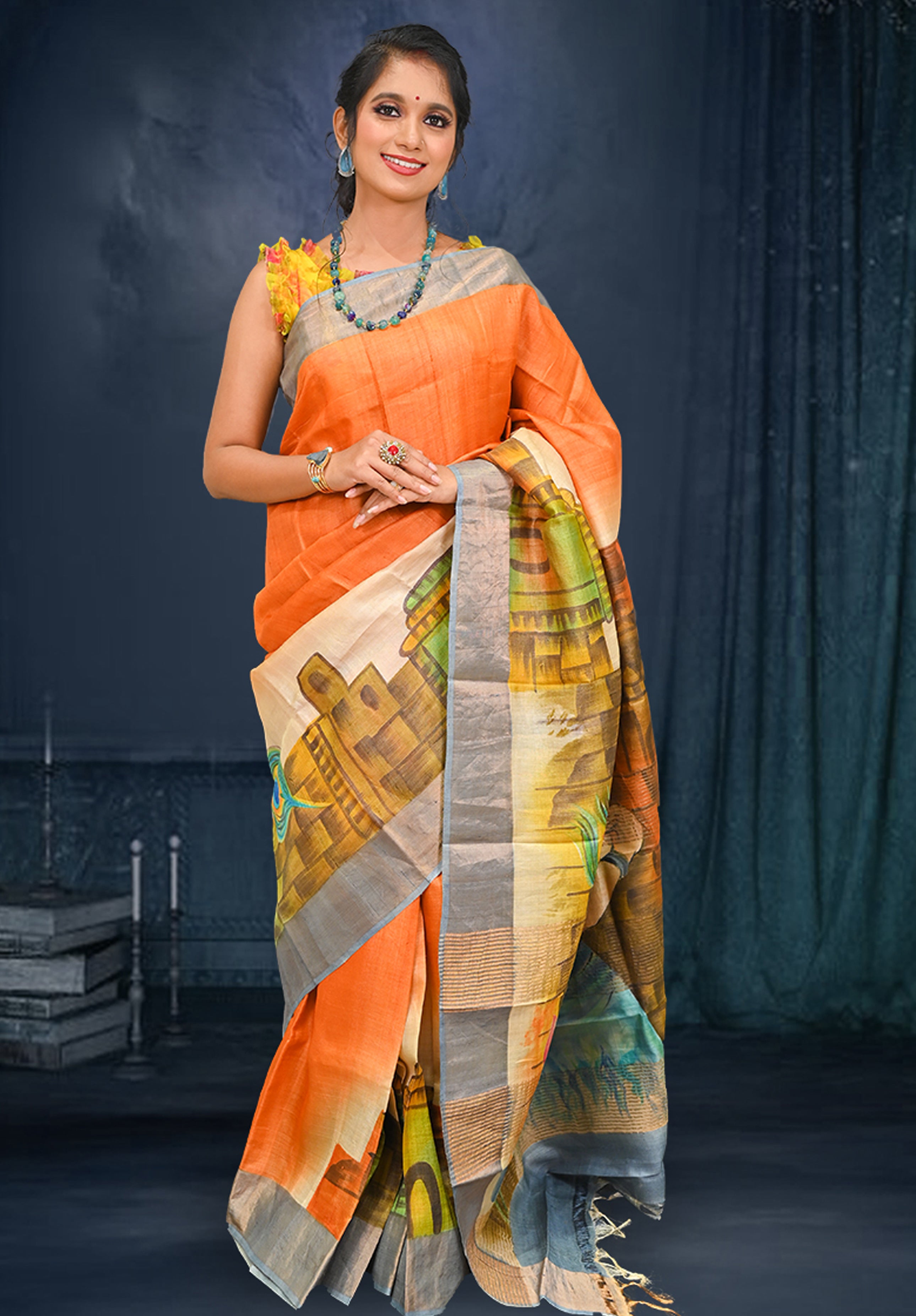 Pure silk handpaint Kalamkari Saree With Blouse Piece – Light Mustard