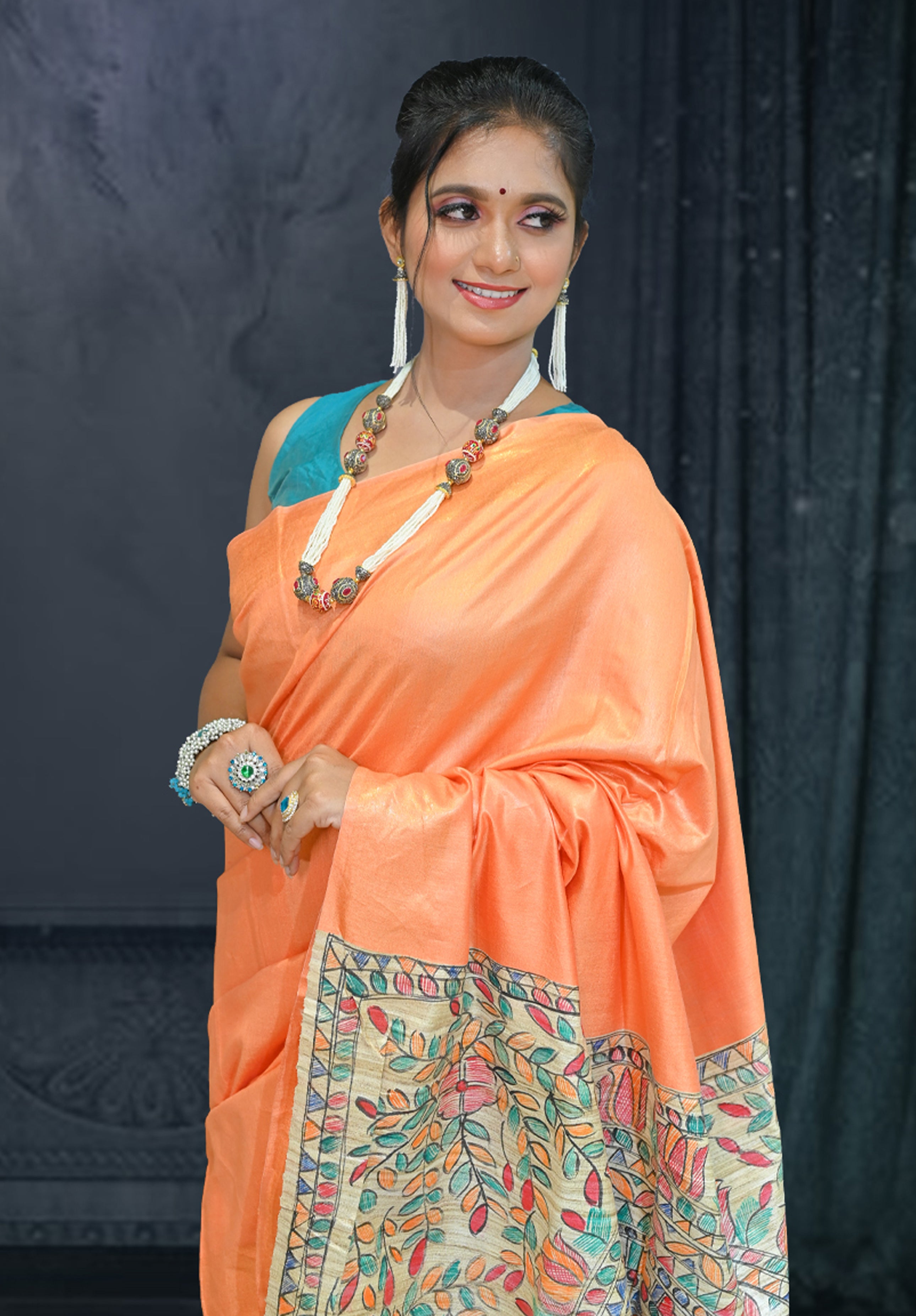 Pure Madhubani Saree With Blouse Piece – Orange