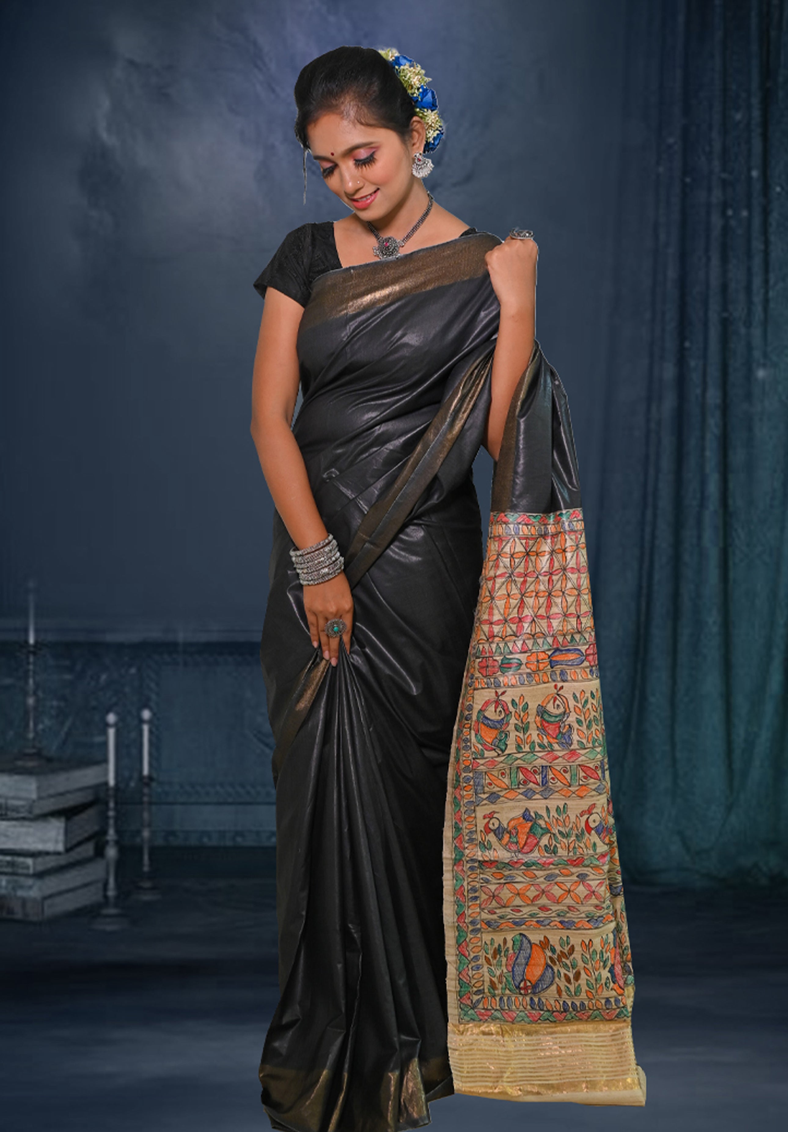 Pure Madhubani Saree With Blouse Piece – Black