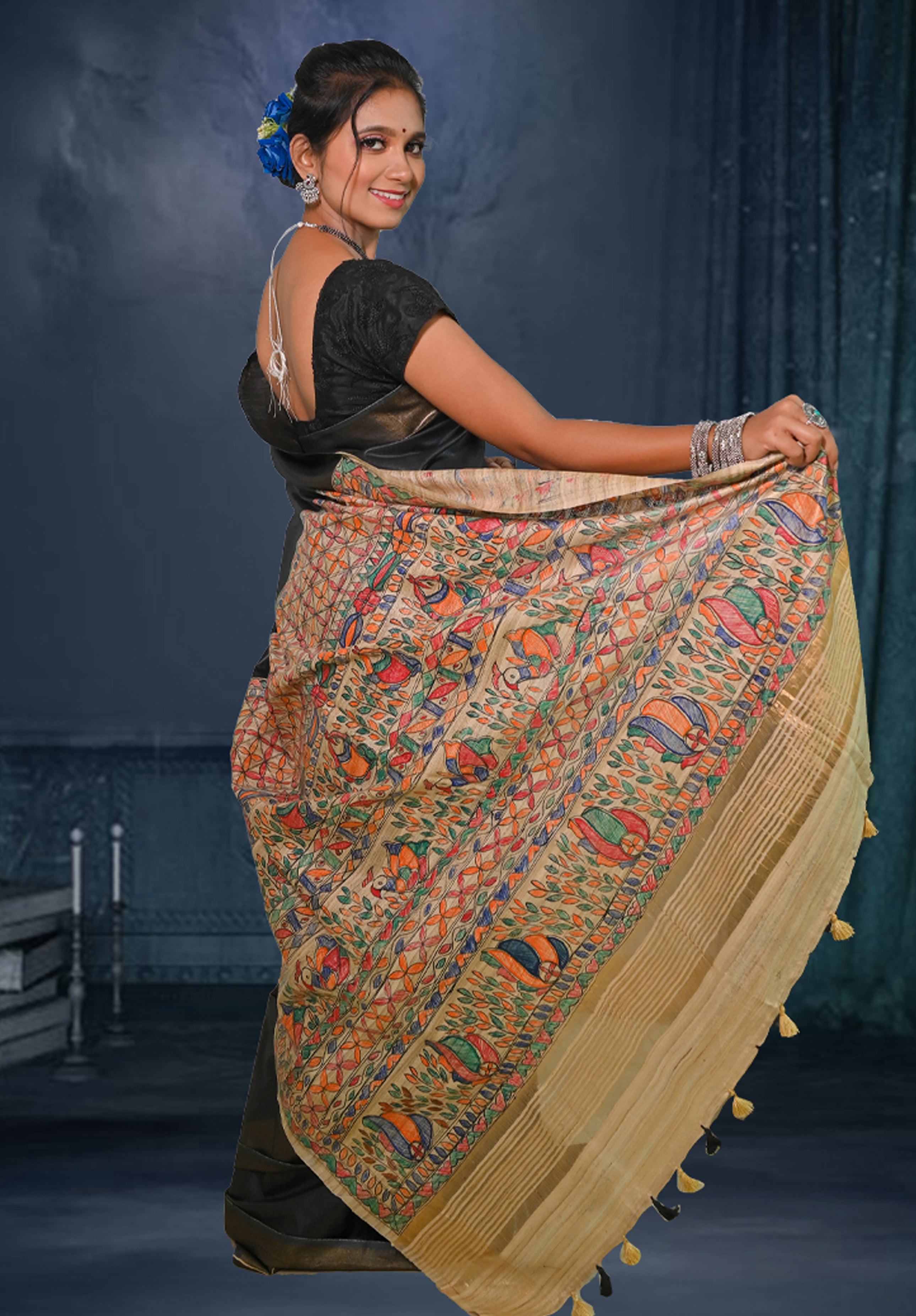 Pure Madhubani Saree With Blouse Piece – Black