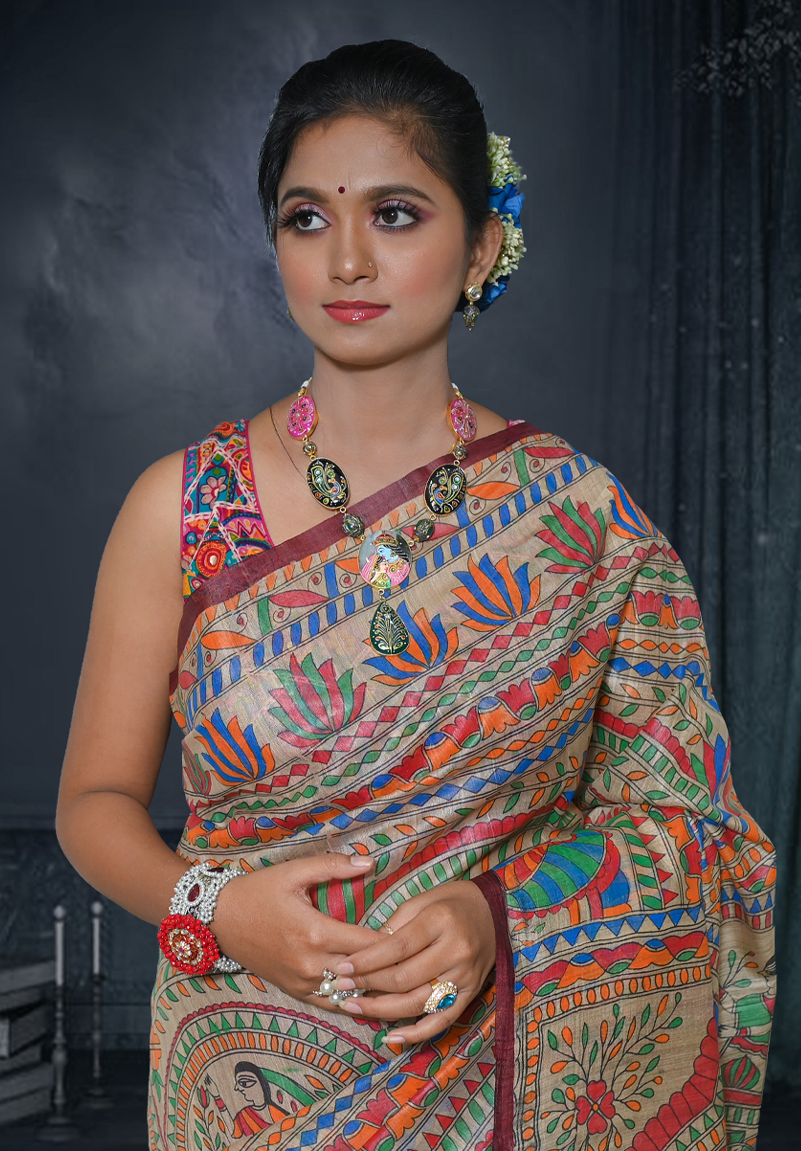 Pure Madhubani Saree With Blouse Piece – Brown