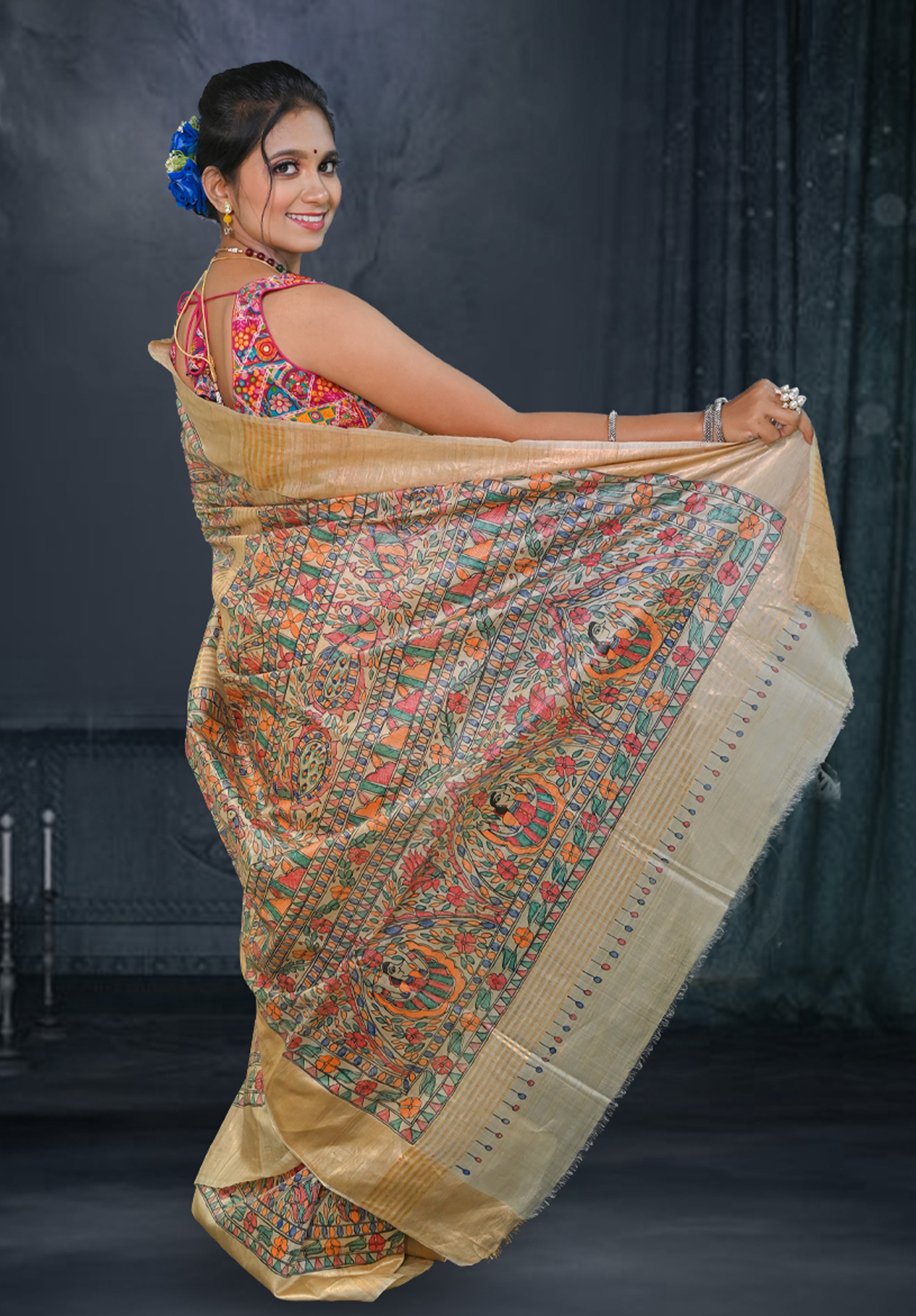 Pure Madhubani Saree With Blouse Piece – Cream