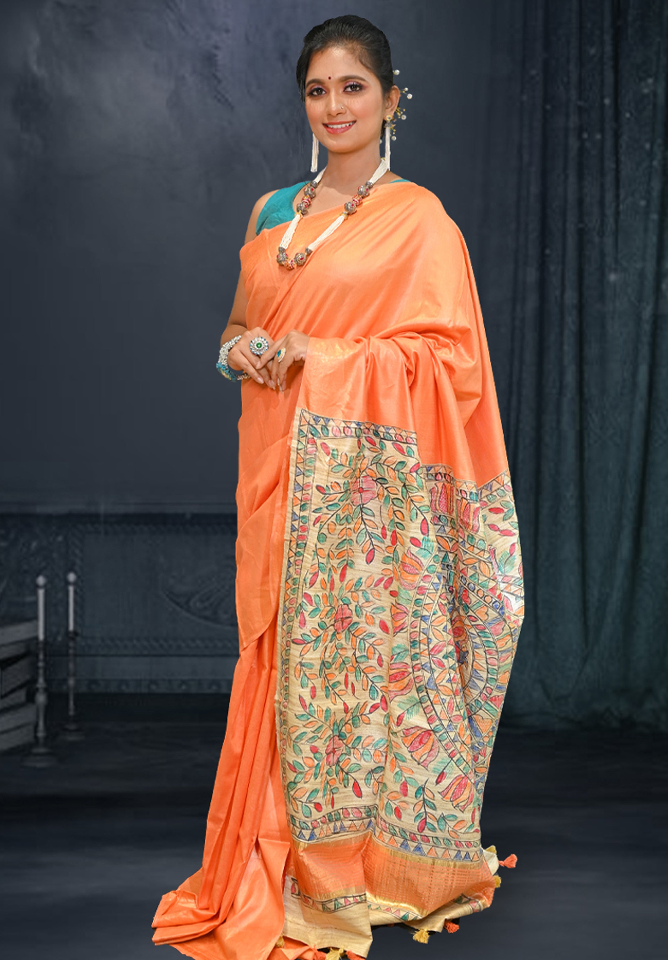 Pure Madhubani Saree With Blouse Piece – Orange