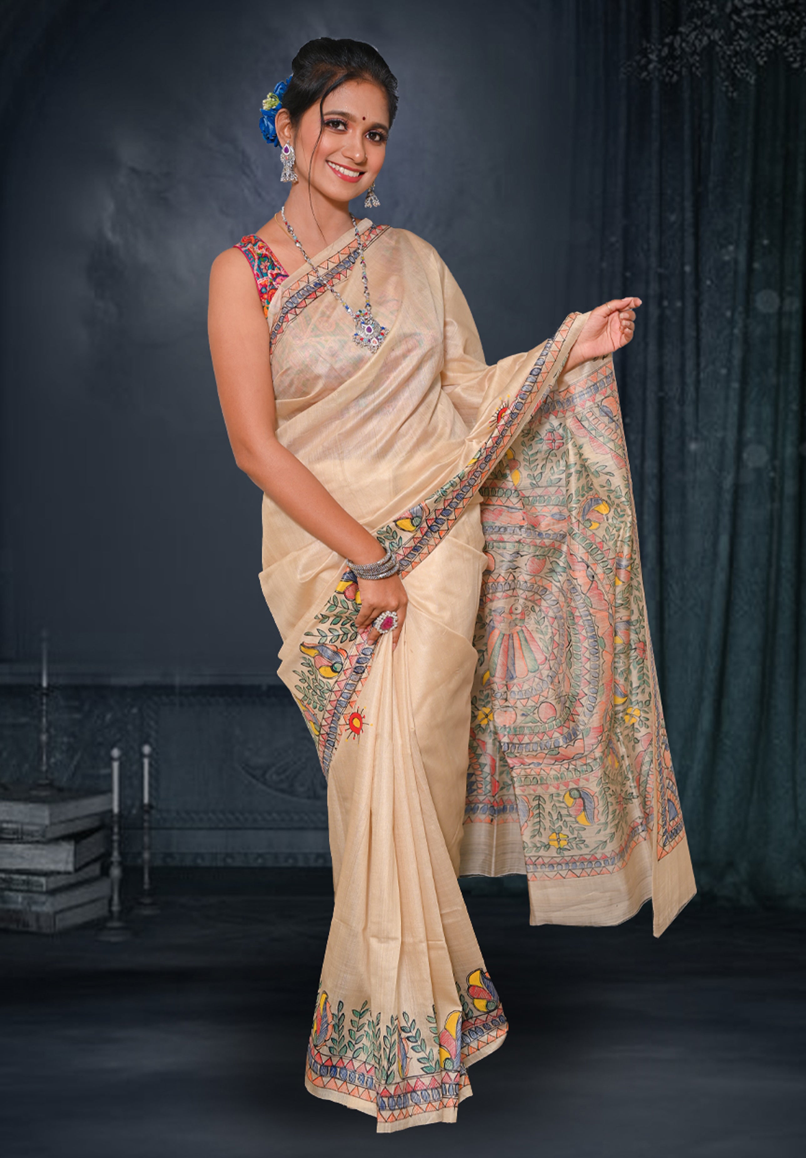 Pure Madhubani Saree With Blouse Piece – Cream