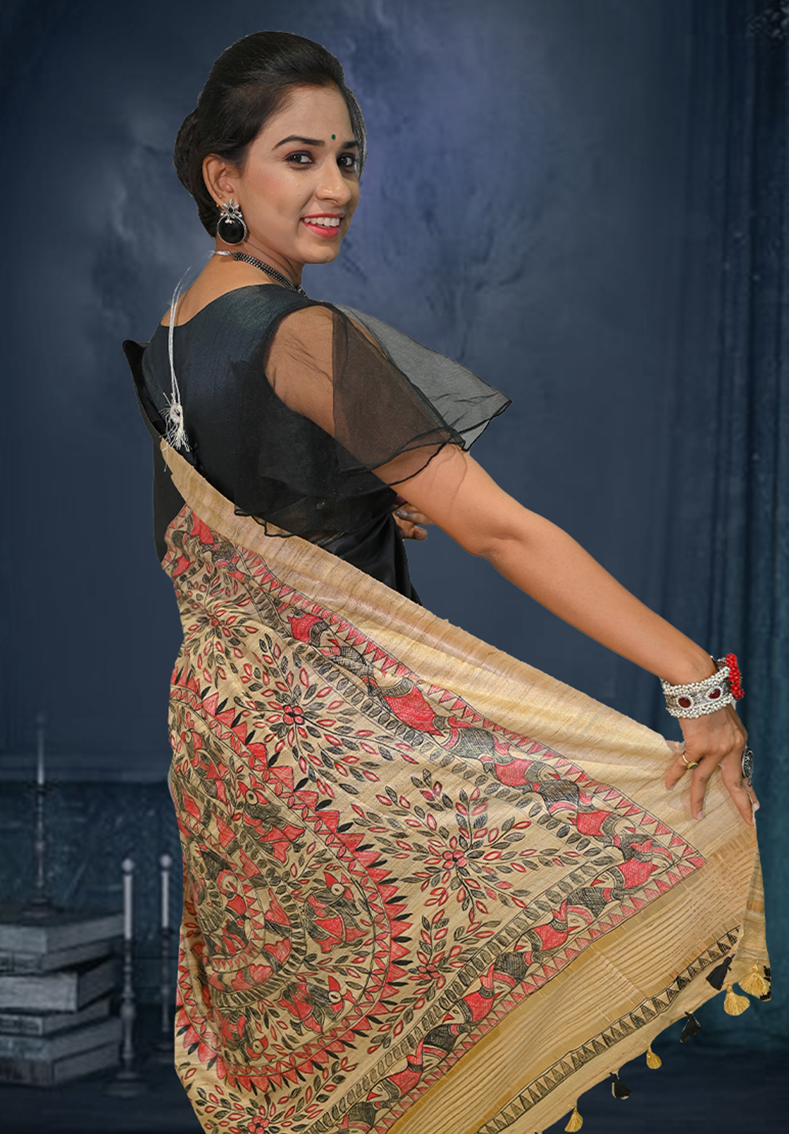 Pure Madhubani Saree With Blouse Piece – Black
