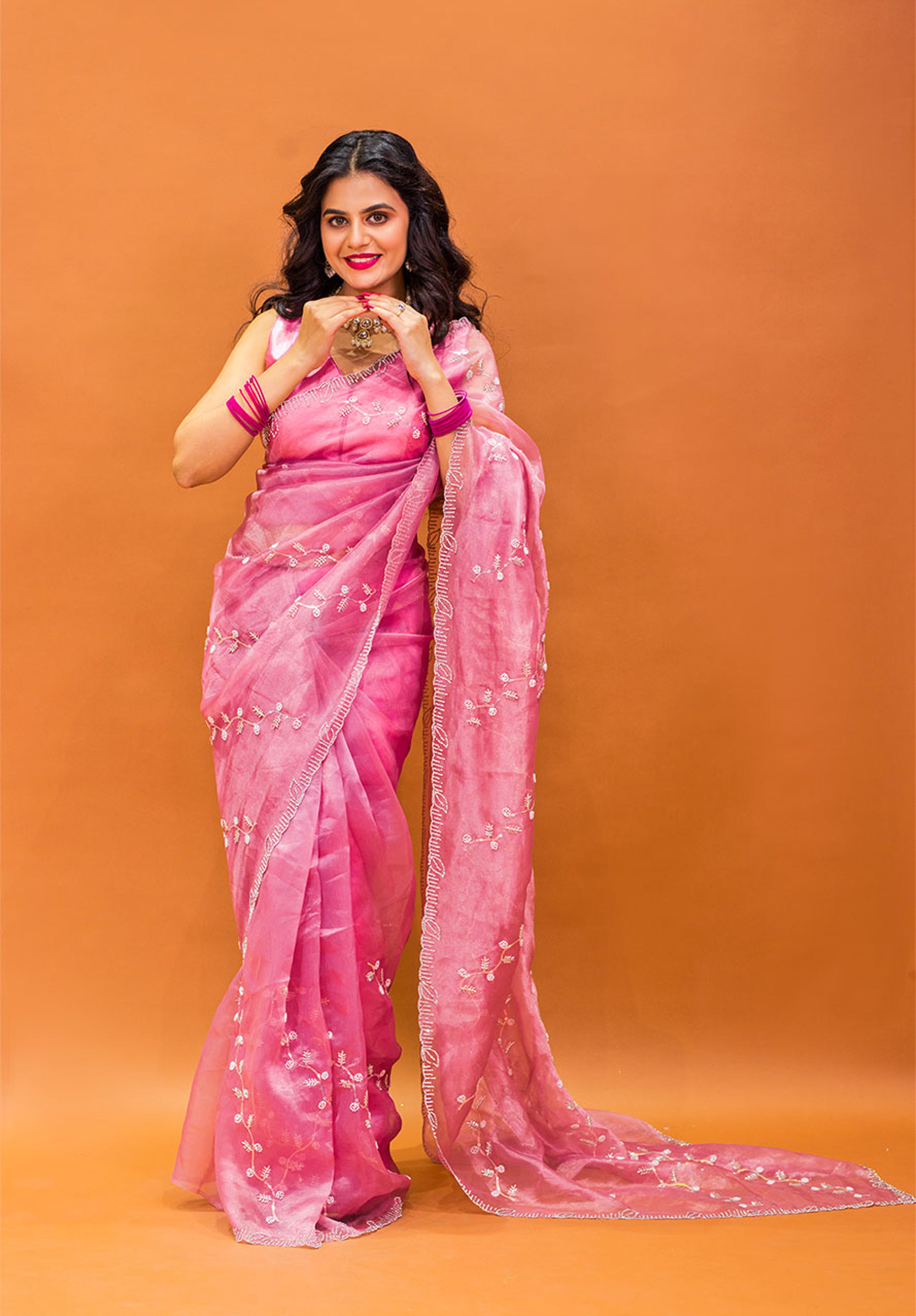 Women’s Woven Design Pure Organza Saree With Blouse Piece- Pink