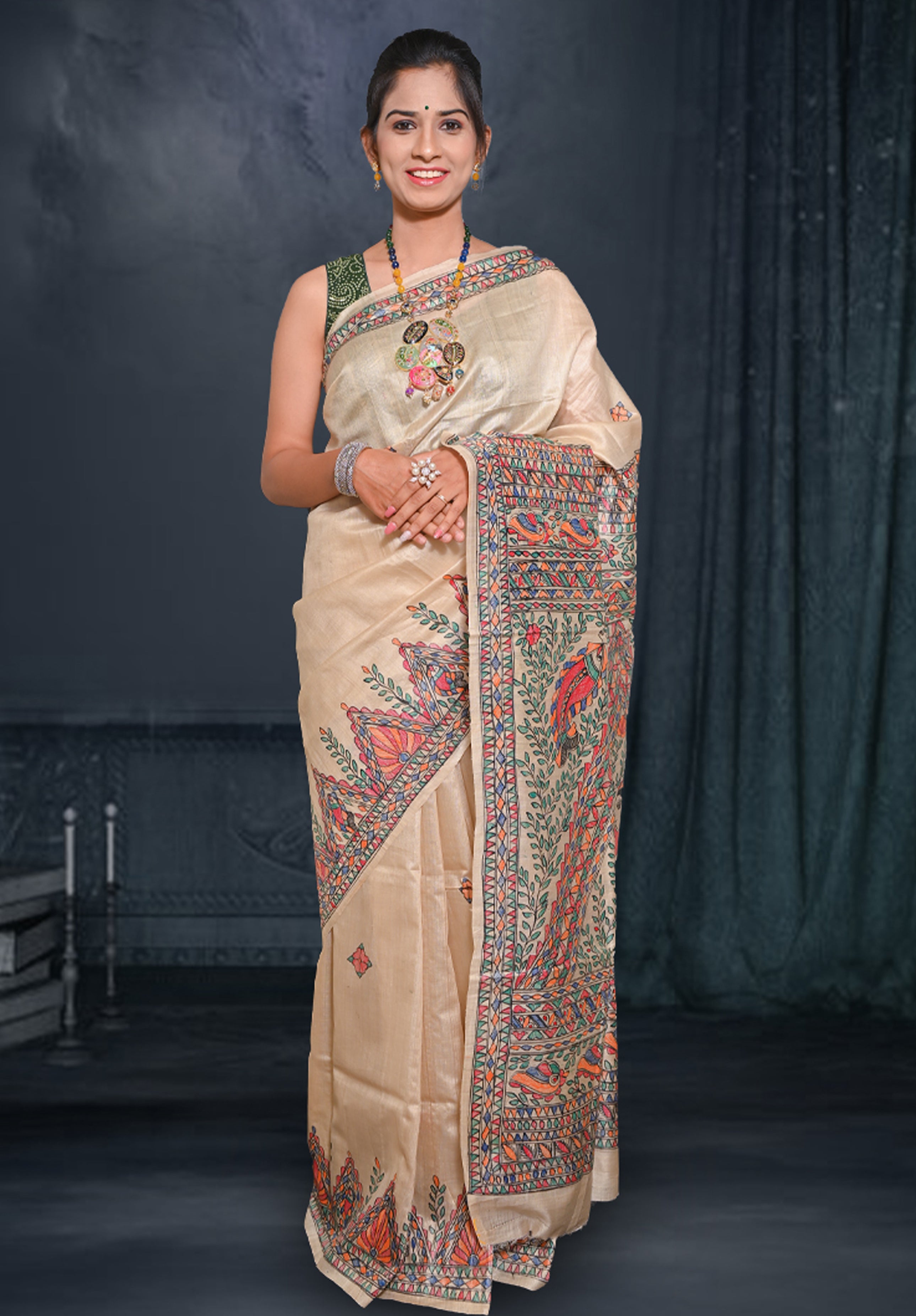 Pure Madhubani Saree With Blouse Piece – Cream