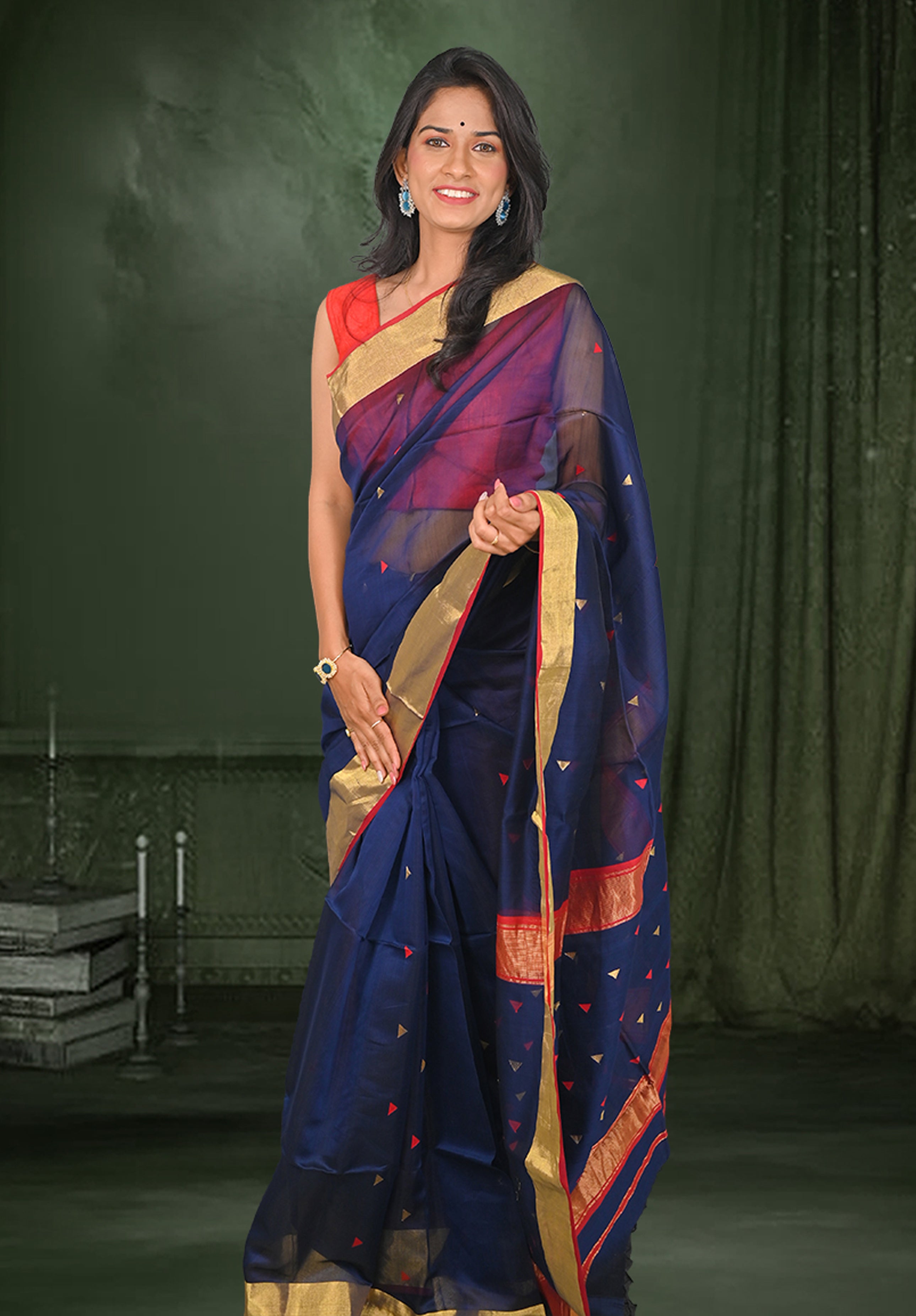 Pure Maheshwari Saree With Blouse Piece – Primary Blue
