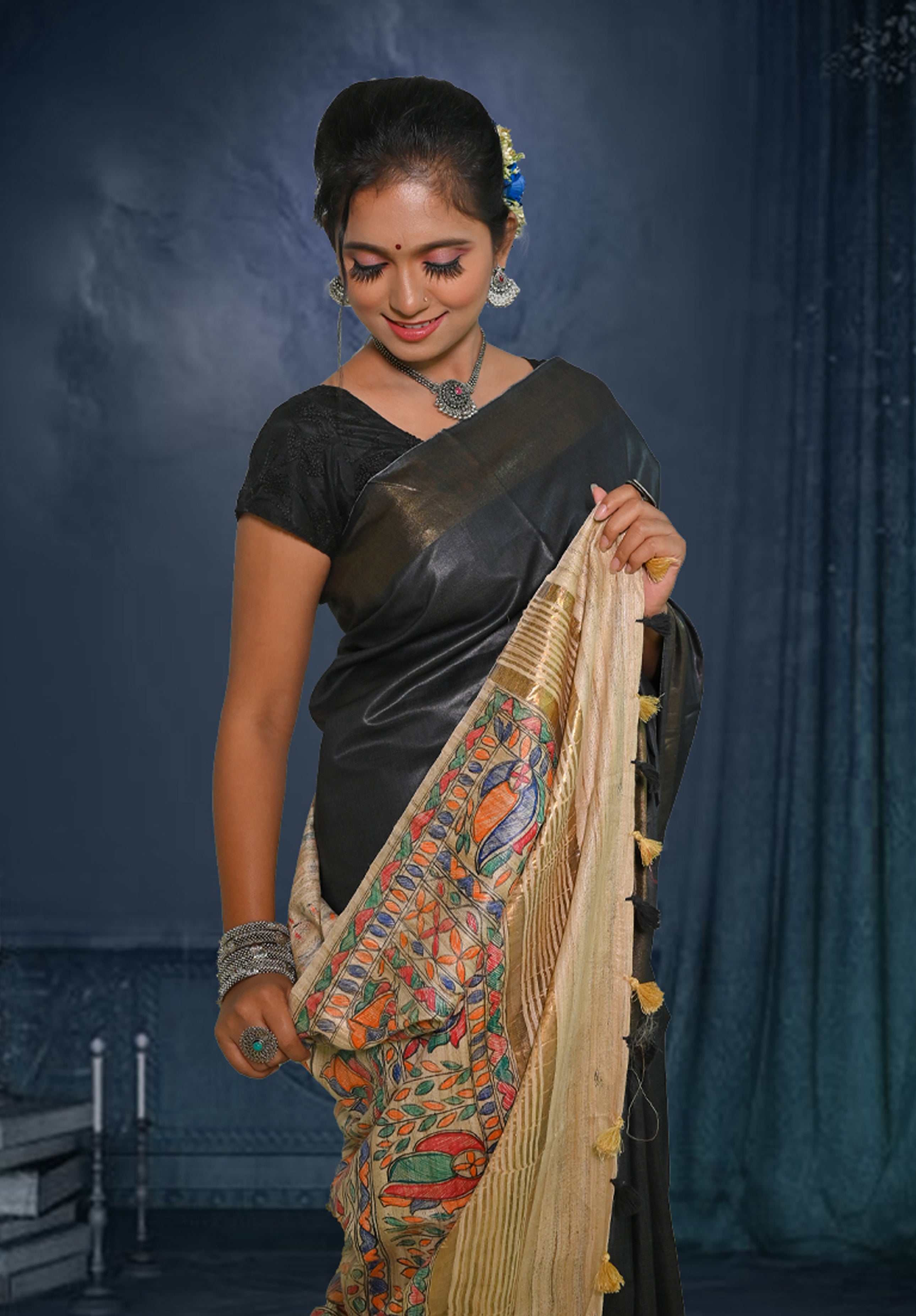 Pure Madhubani Saree With Blouse Piece – Black