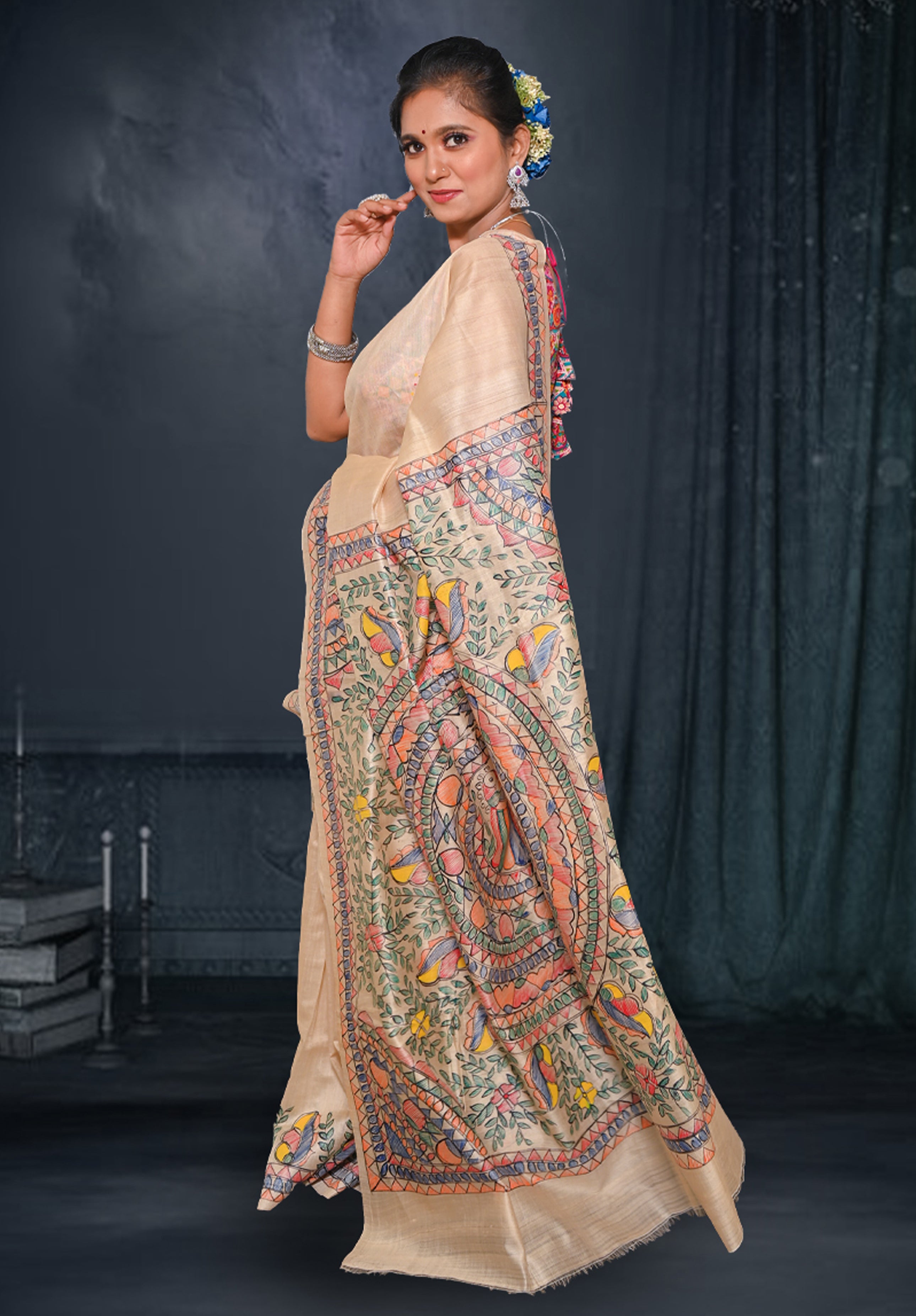 Pure Madhubani Saree With Blouse Piece – Cream