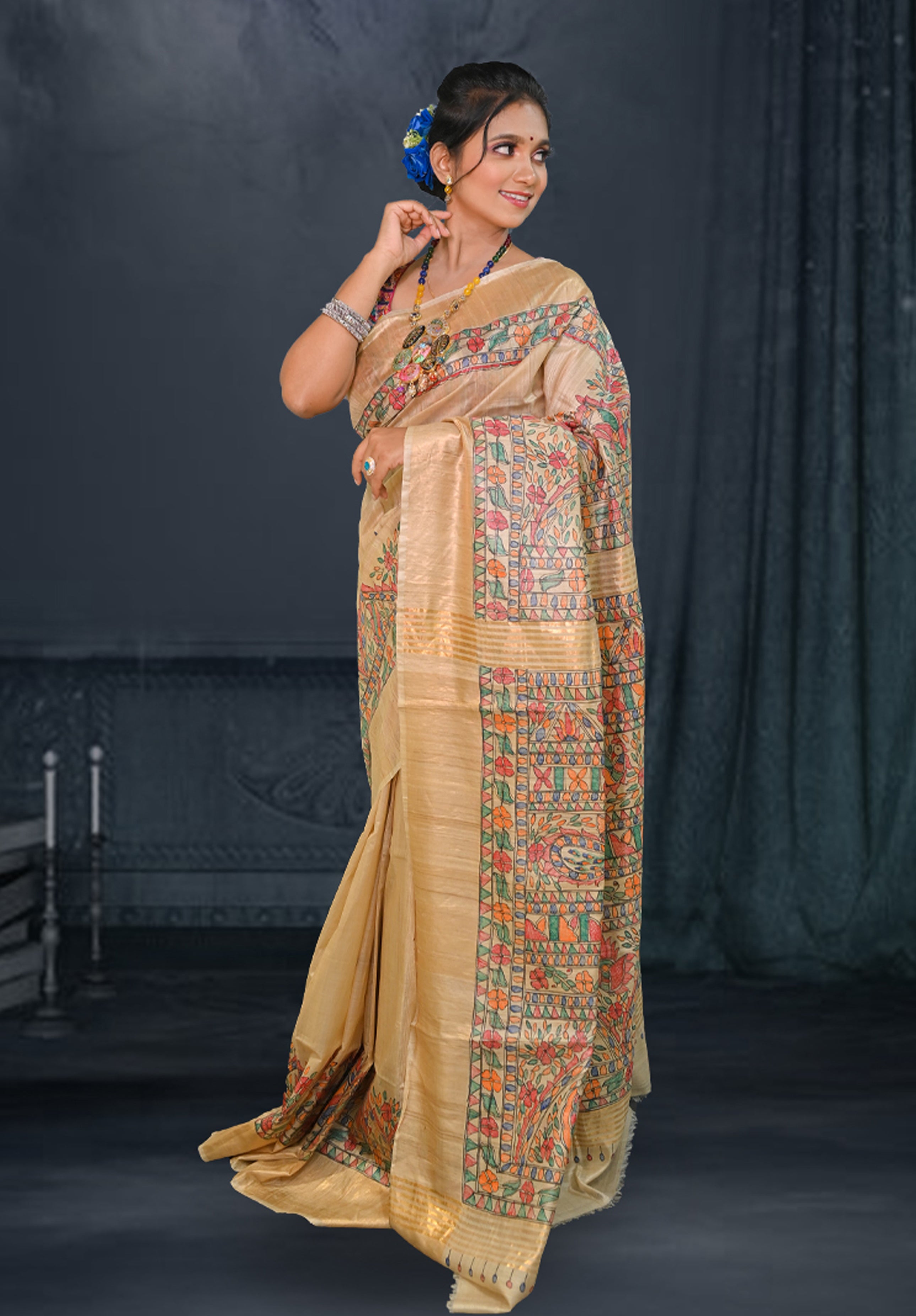 Pure Madhubani Saree With Blouse Piece – Cream