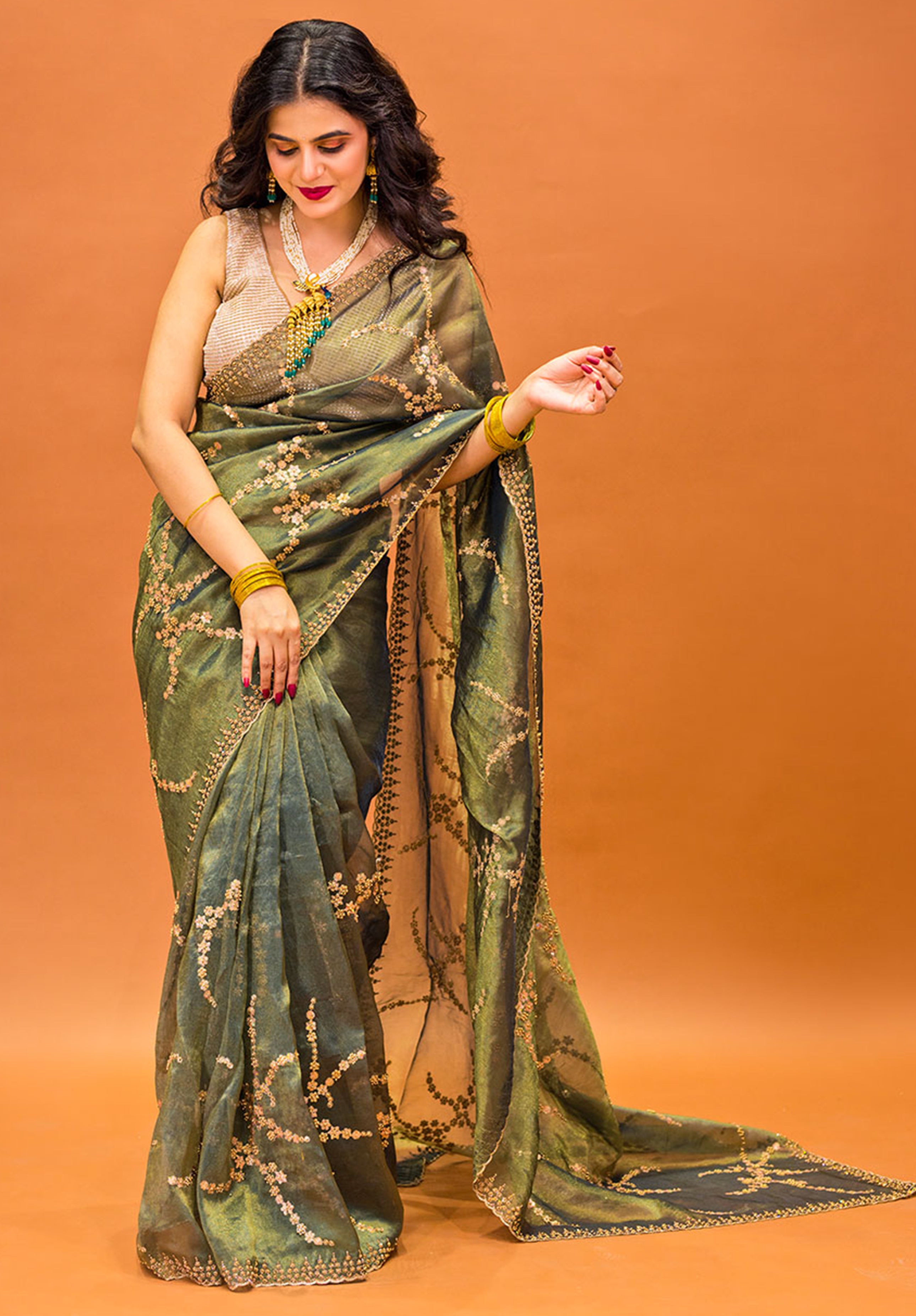 Women’s Woven Design Pure Organza Saree With Blouse Piece- Green