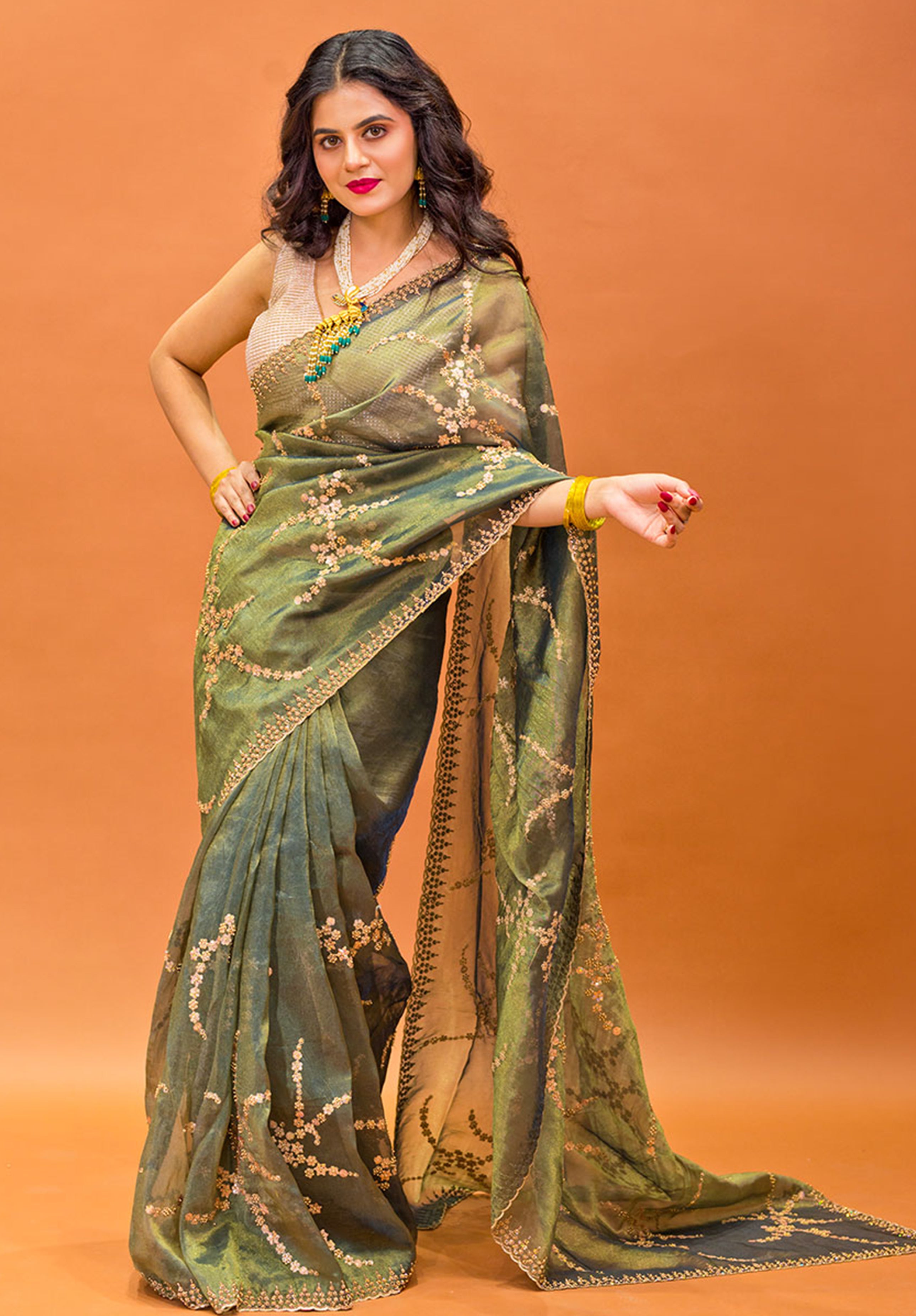 Women’s Woven Design Pure Organza Saree With Blouse Piece- Green