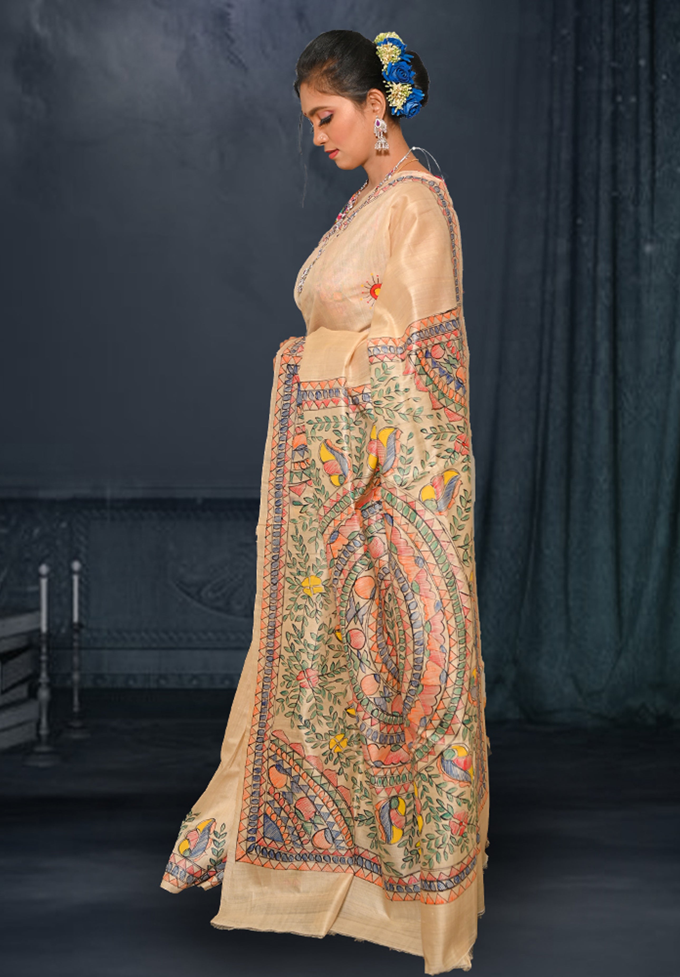 Pure Madhubani Saree With Blouse Piece – Cream