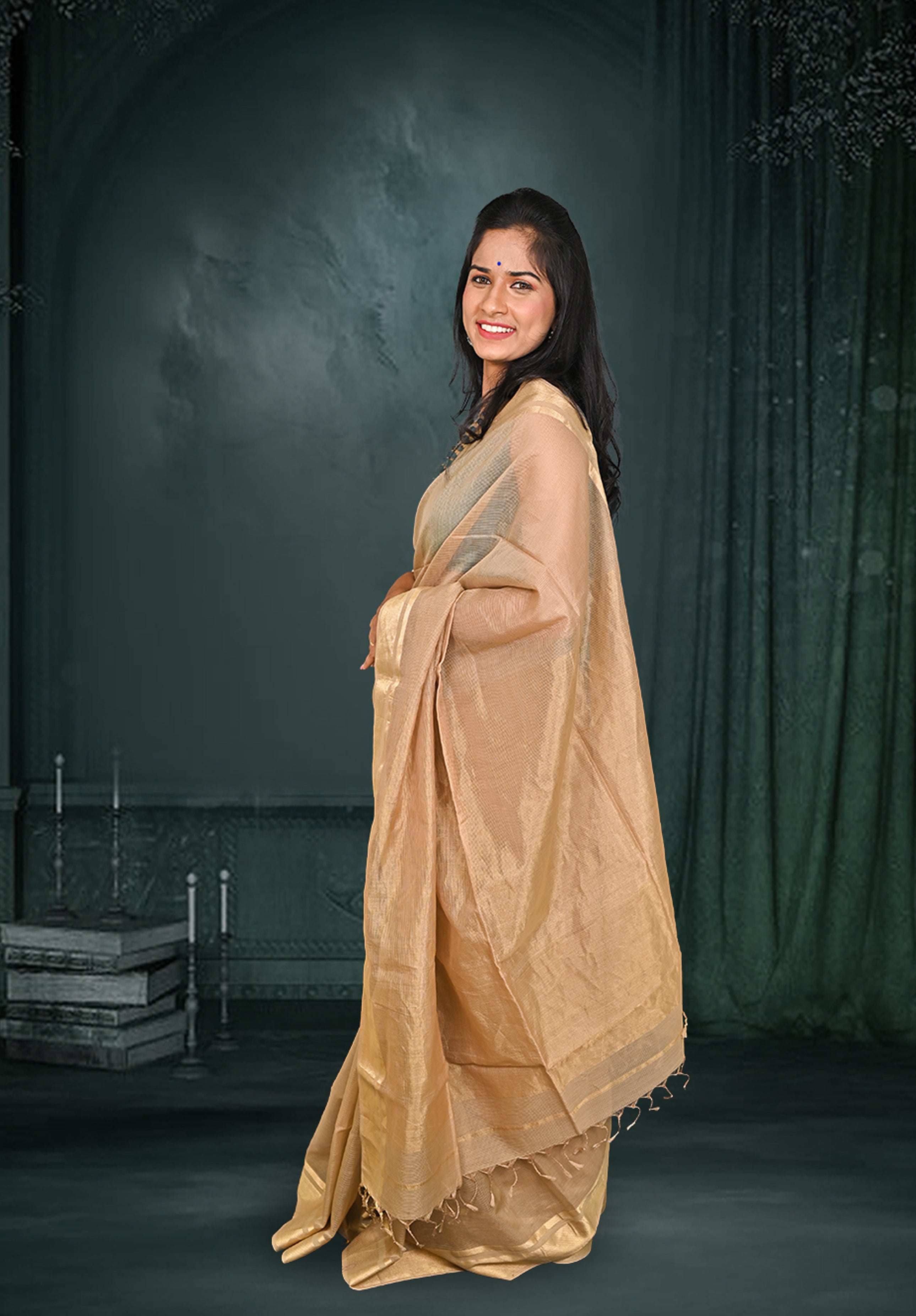 Pure Maheshwari Saree With Blouse Piece – Fawn