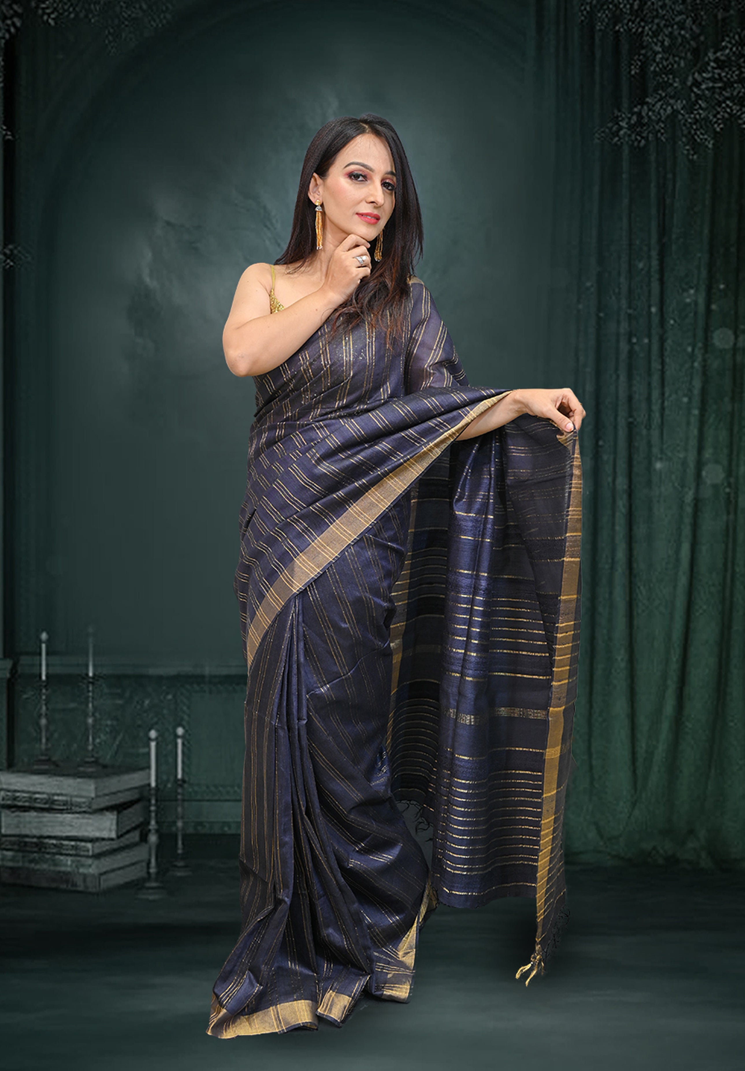 Pure silk Saree With Blouse Piece – Dark Blue