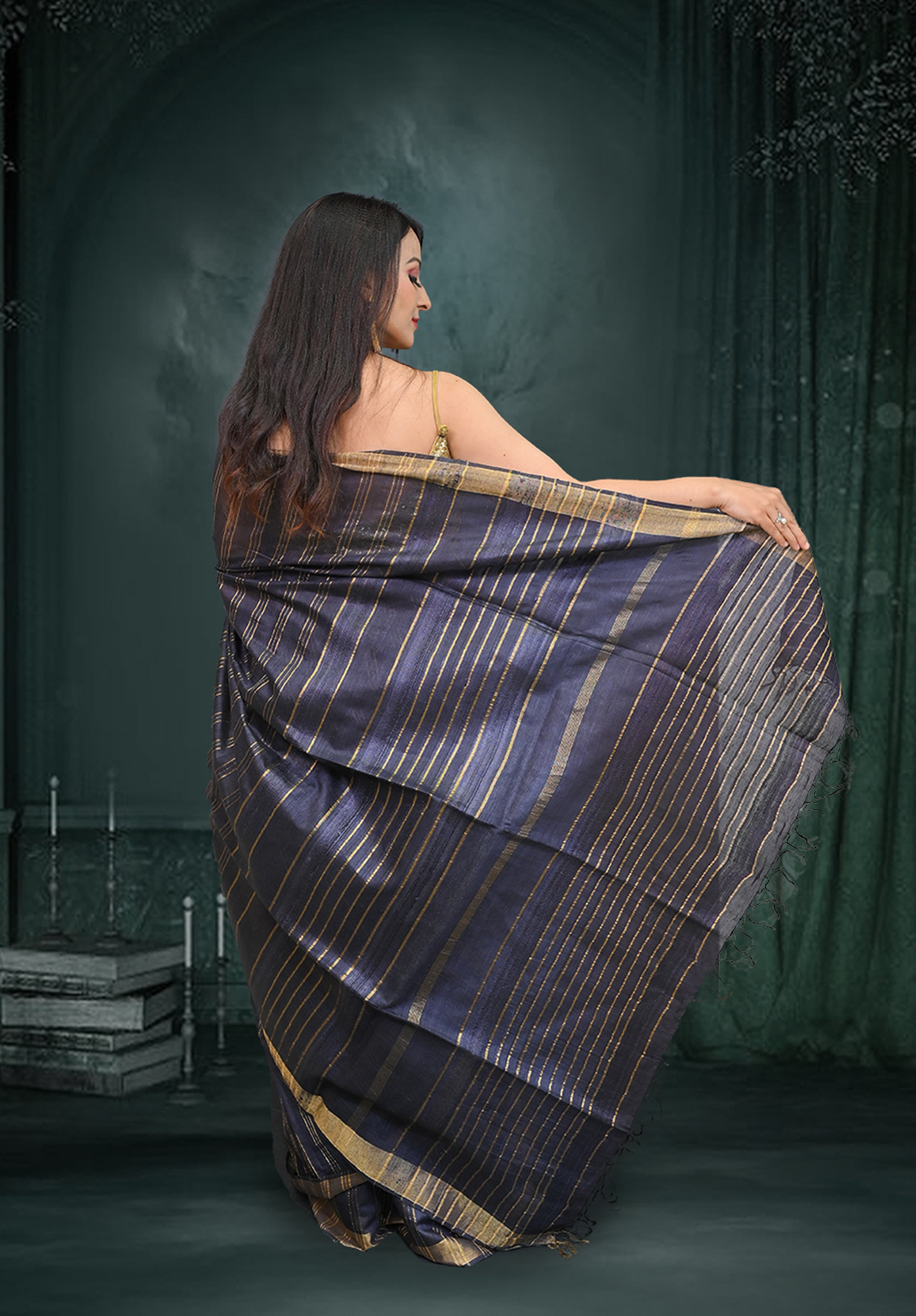 Pure silk Saree With Blouse Piece – Dark Blue