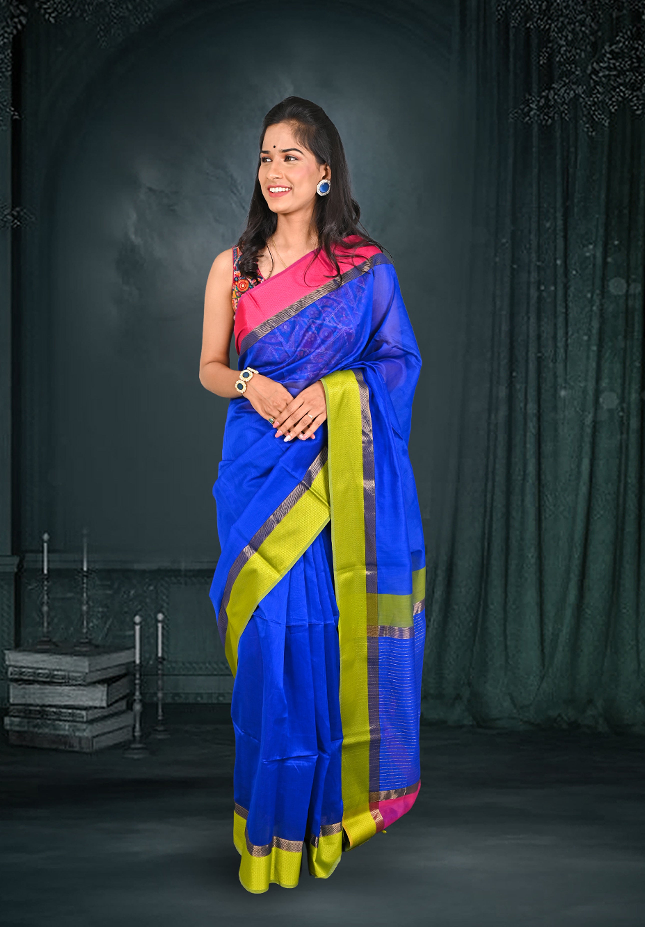 Pure Maheshwari Saree With Blouse Piece – Blue