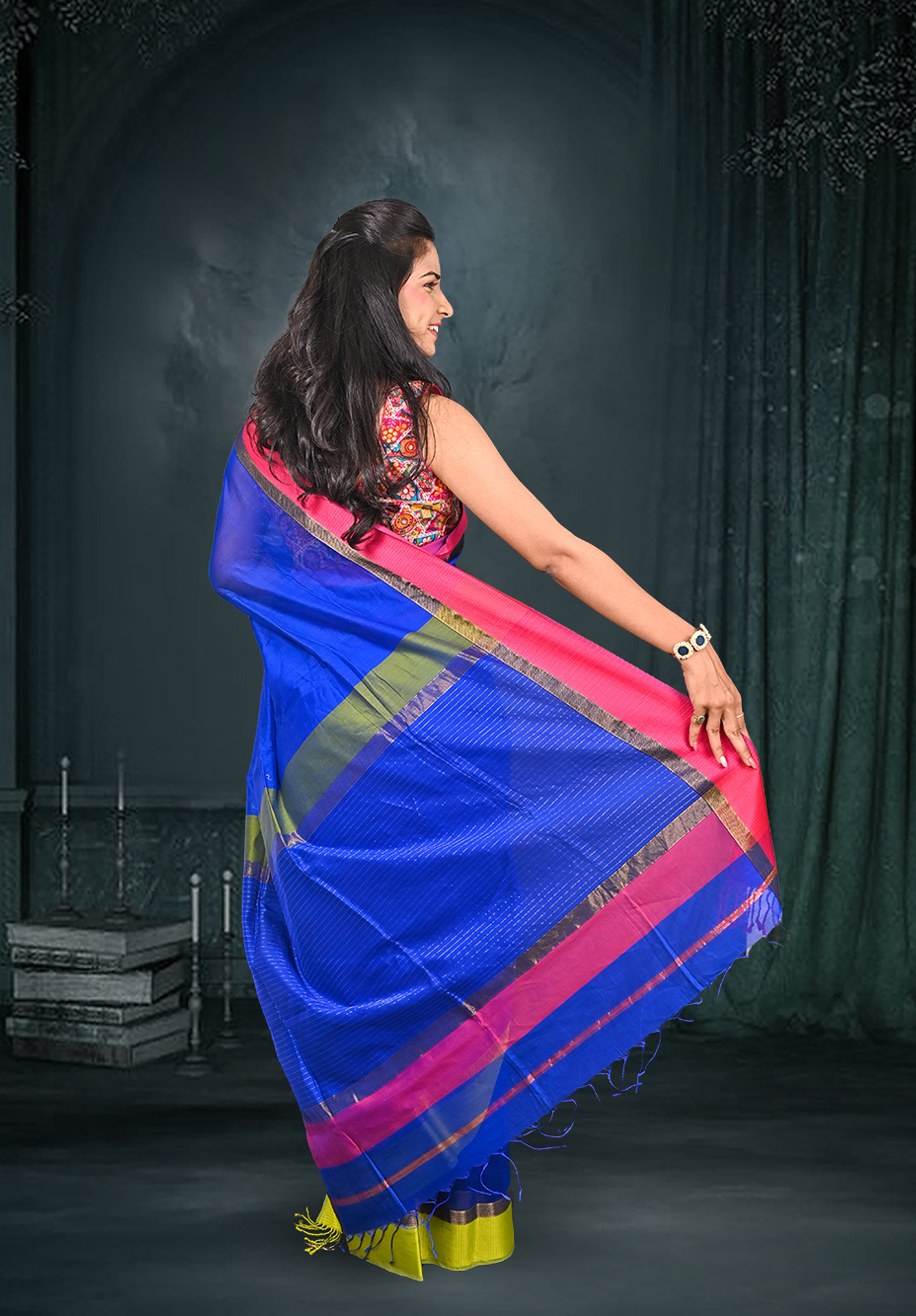 Pure Maheshwari Saree With Blouse Piece – Blue