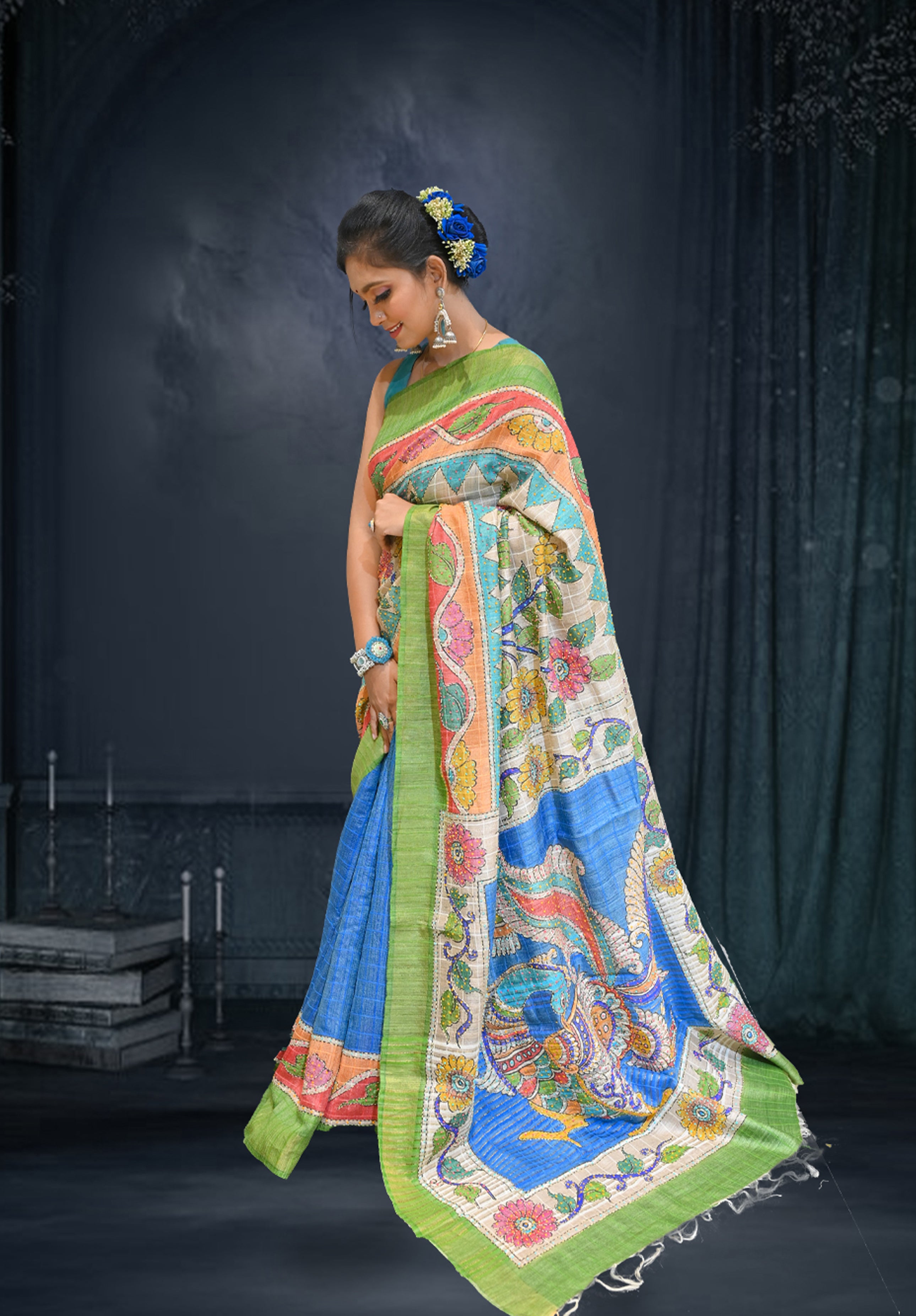 Pure Kantha stich Saree With Blouse Piece – Blue