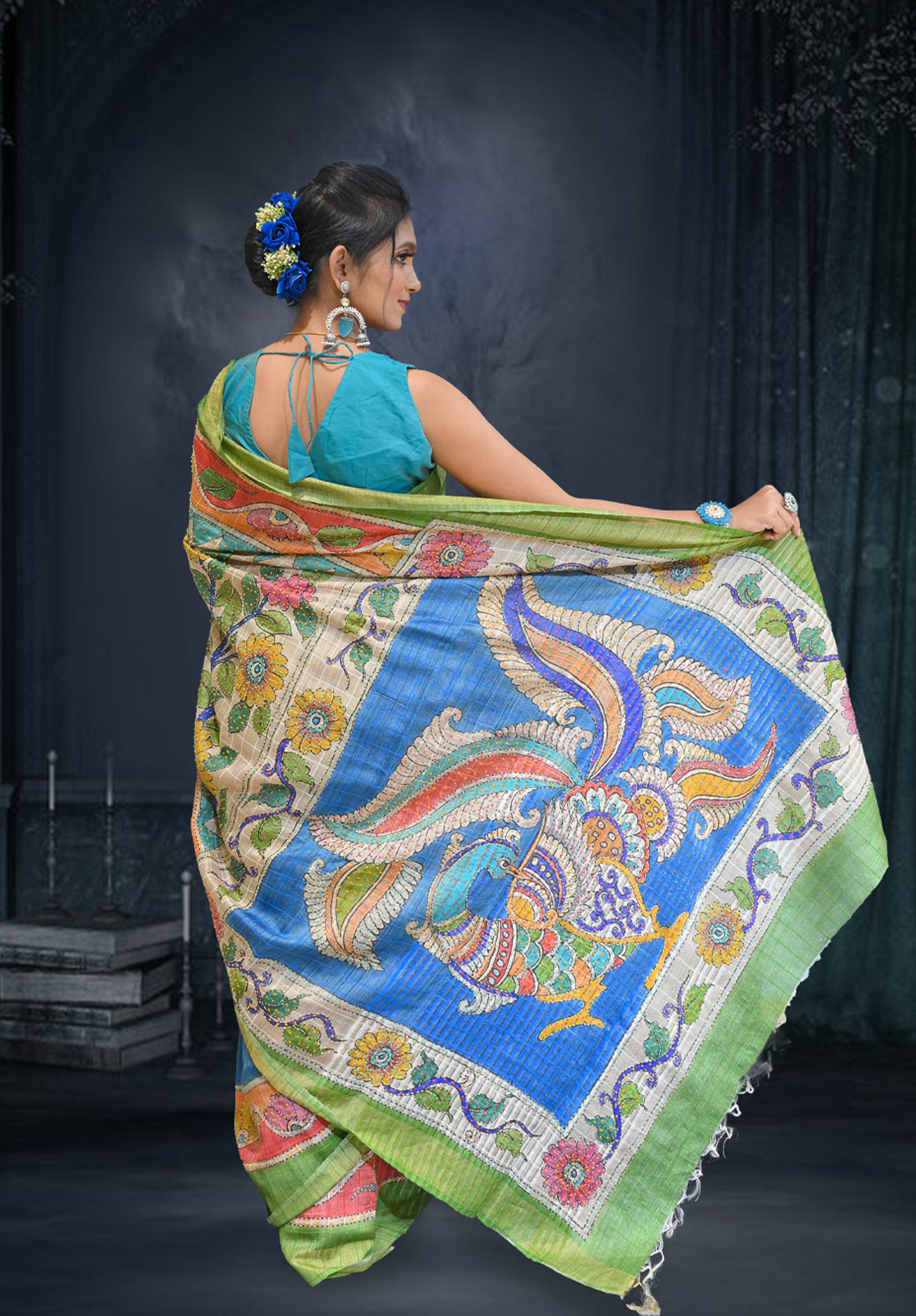Pure Kantha stich Saree With Blouse Piece – Blue