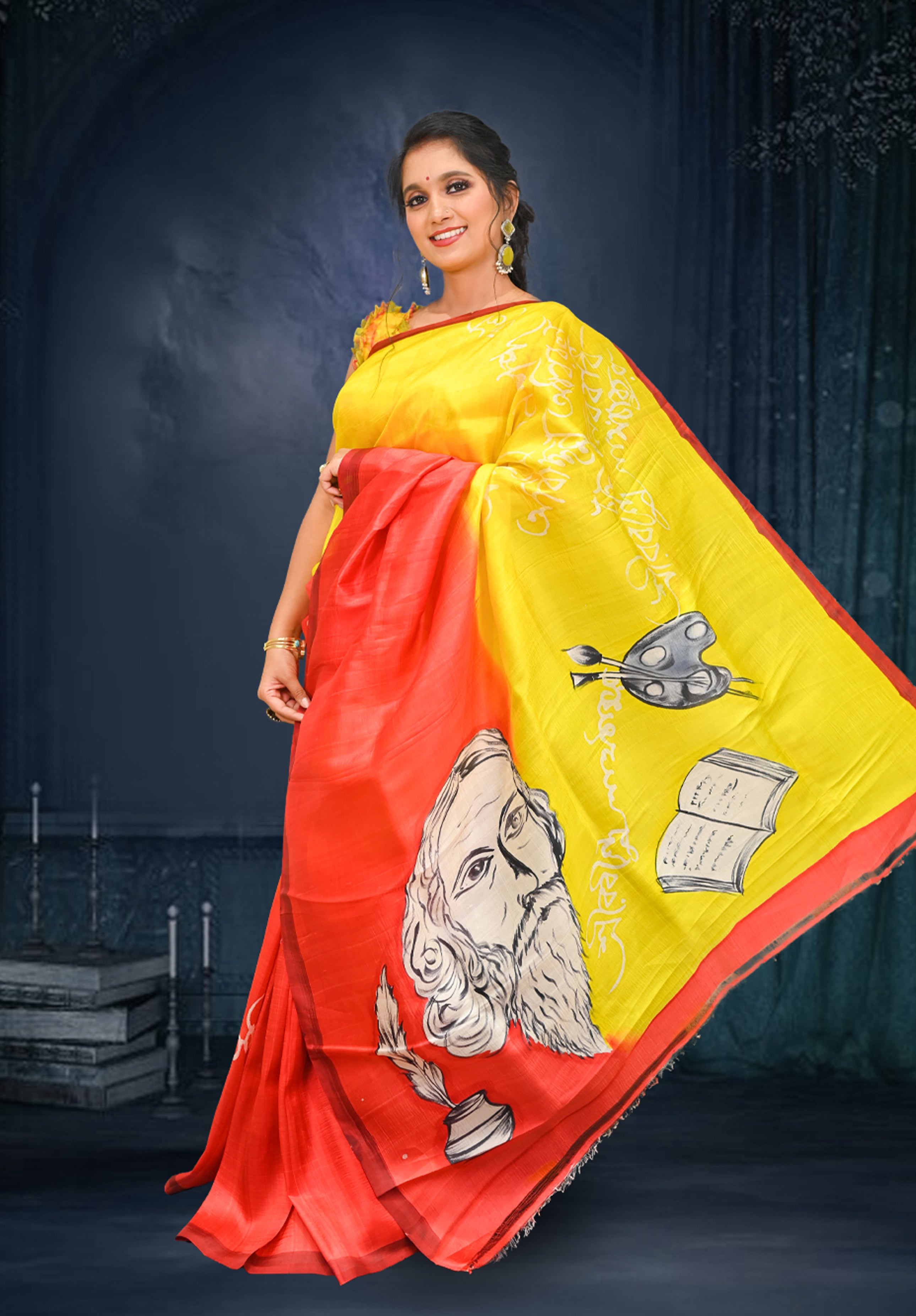 Pure silk handpaint Kalamkari Saree With Blouse Piece – Yellow Red