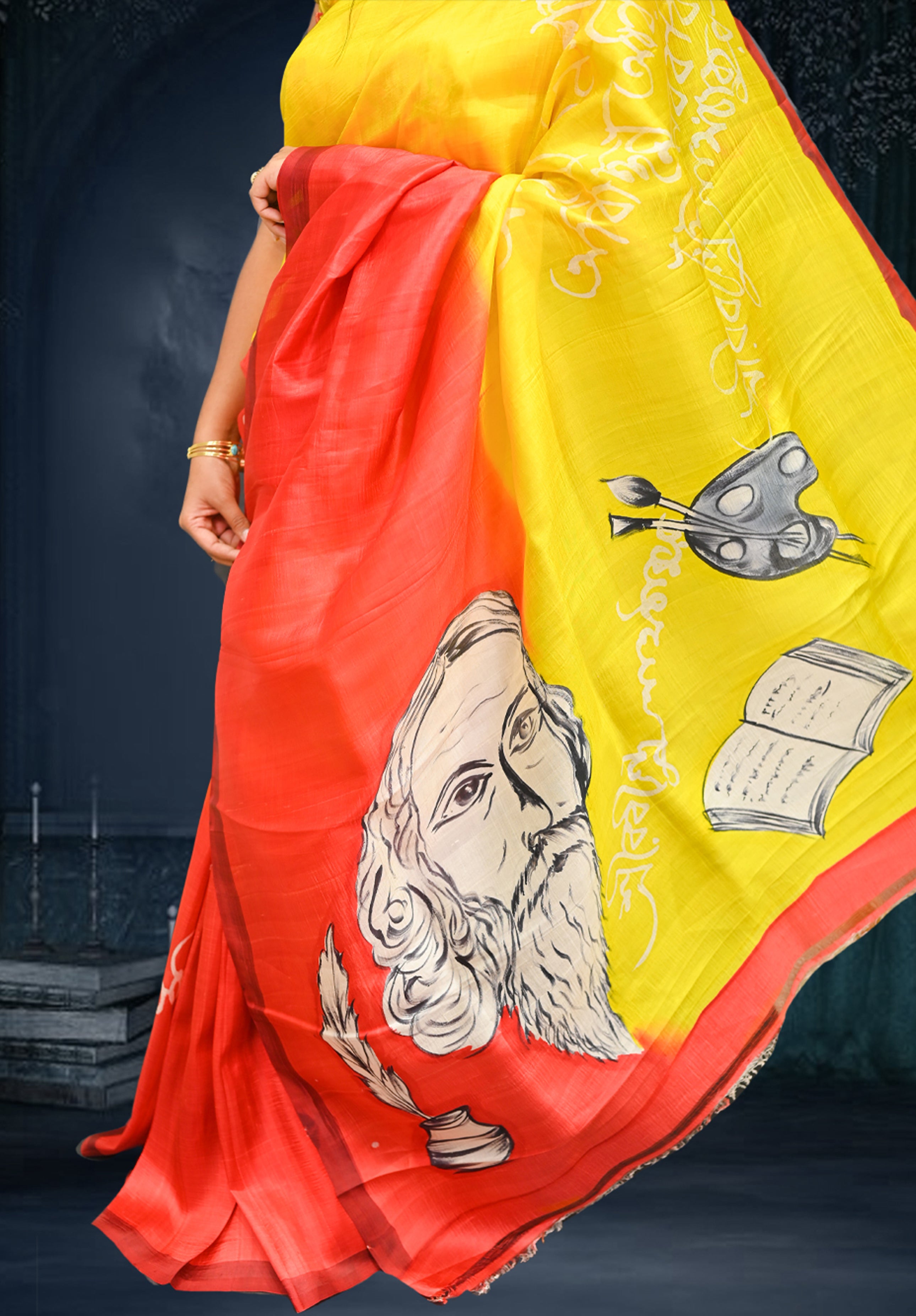 Pure silk handpaint Kalamkari Saree With Blouse Piece – Yellow Red