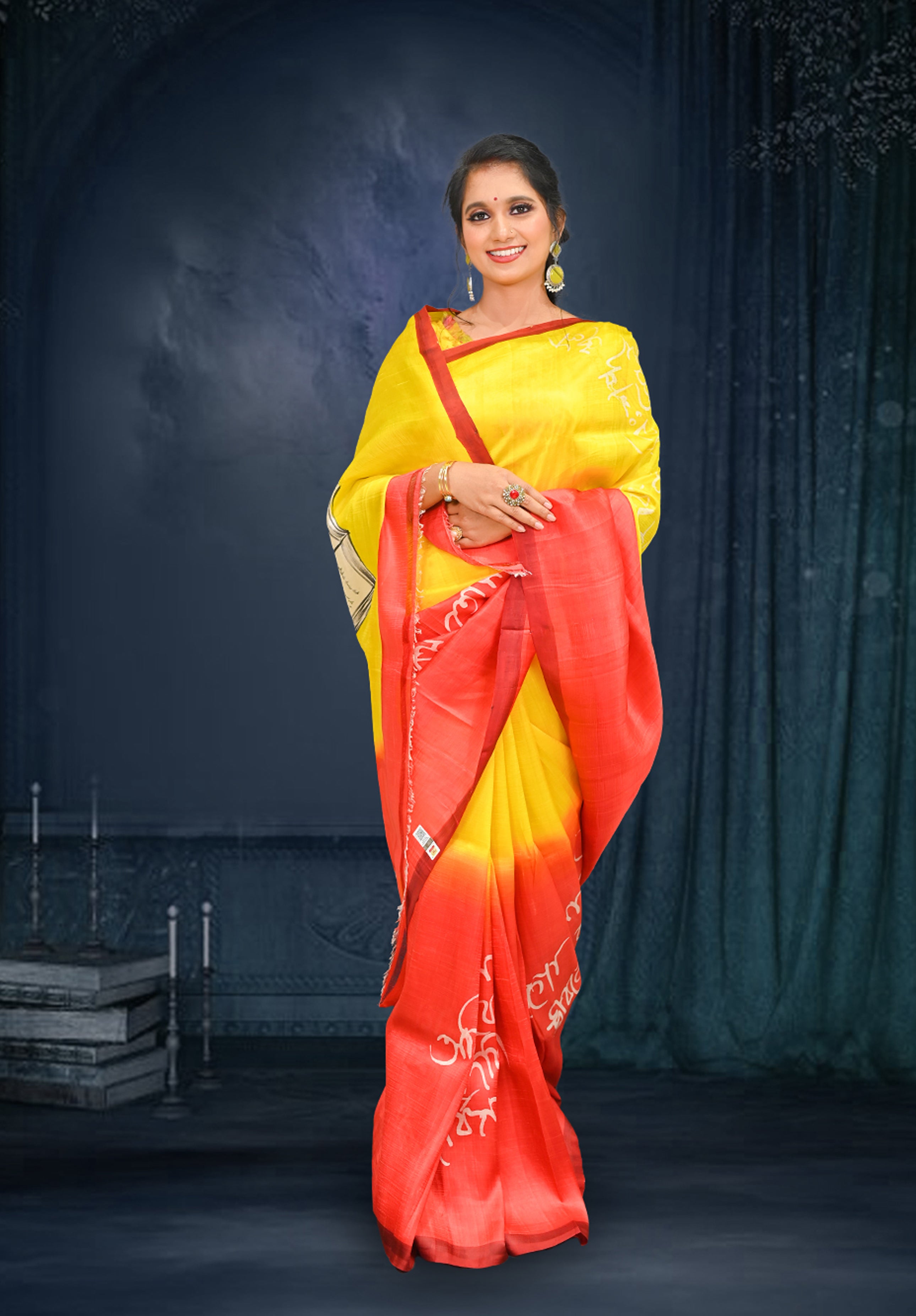 Pure silk handpaint Kalamkari Saree With Blouse Piece – Yellow Red