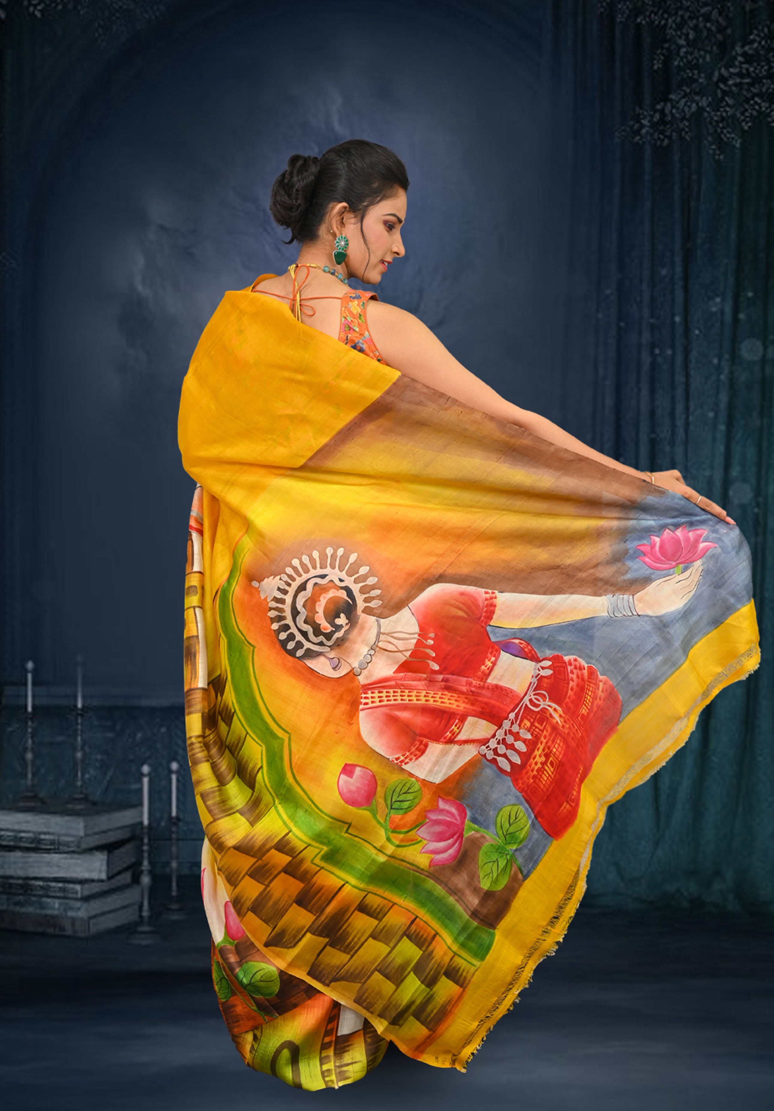 Pure silk handpaint Kalamkari Saree With Blouse Piece – Mustard Yellow
