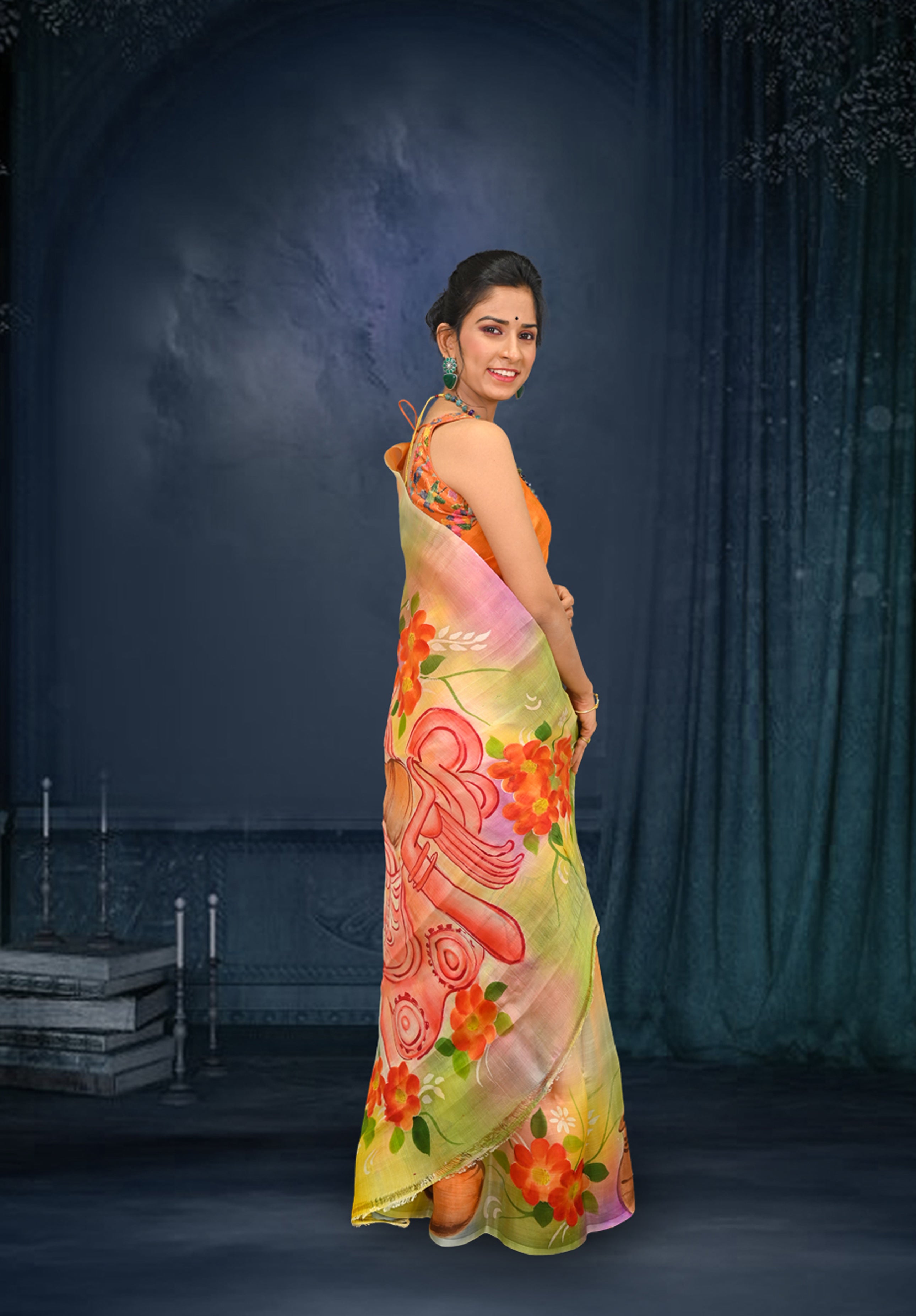 Pure silk handpaint Kalamkari Saree With Blouse Piece – Mustard