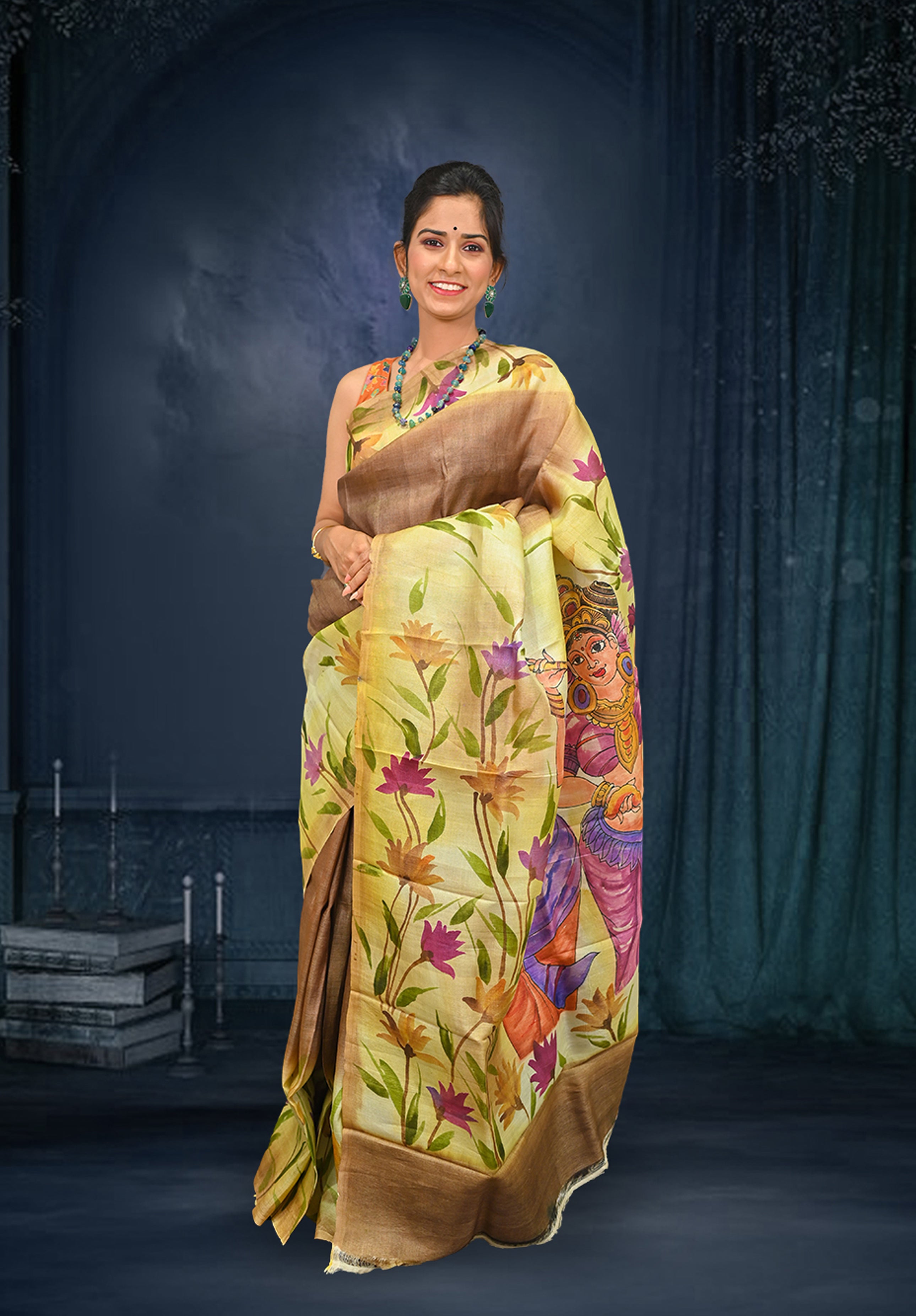 Pure silk handpaint Kalamkari Saree With Blouse Piece – Coffee