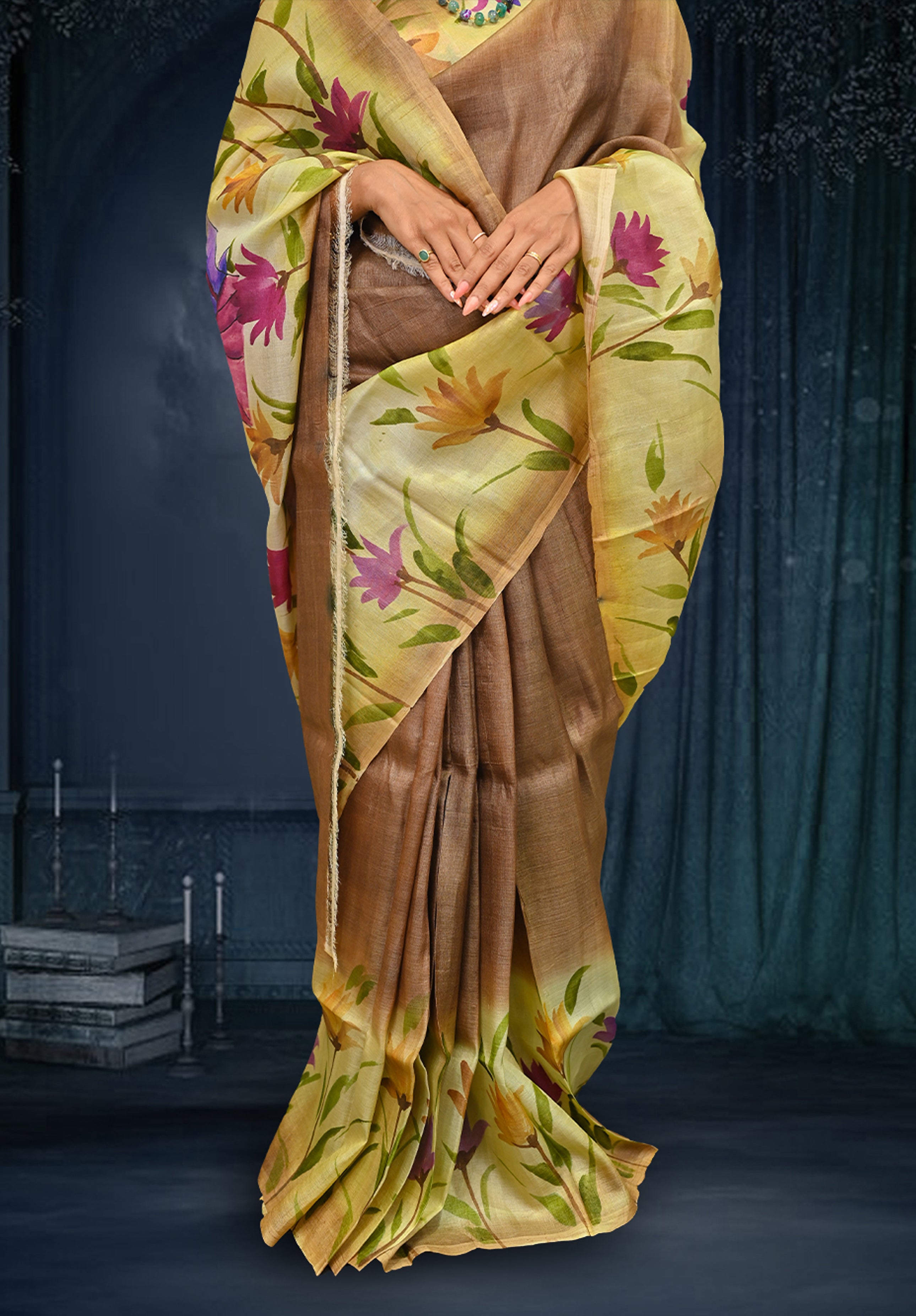 Pure silk handpaint Kalamkari Saree With Blouse Piece – Coffee
