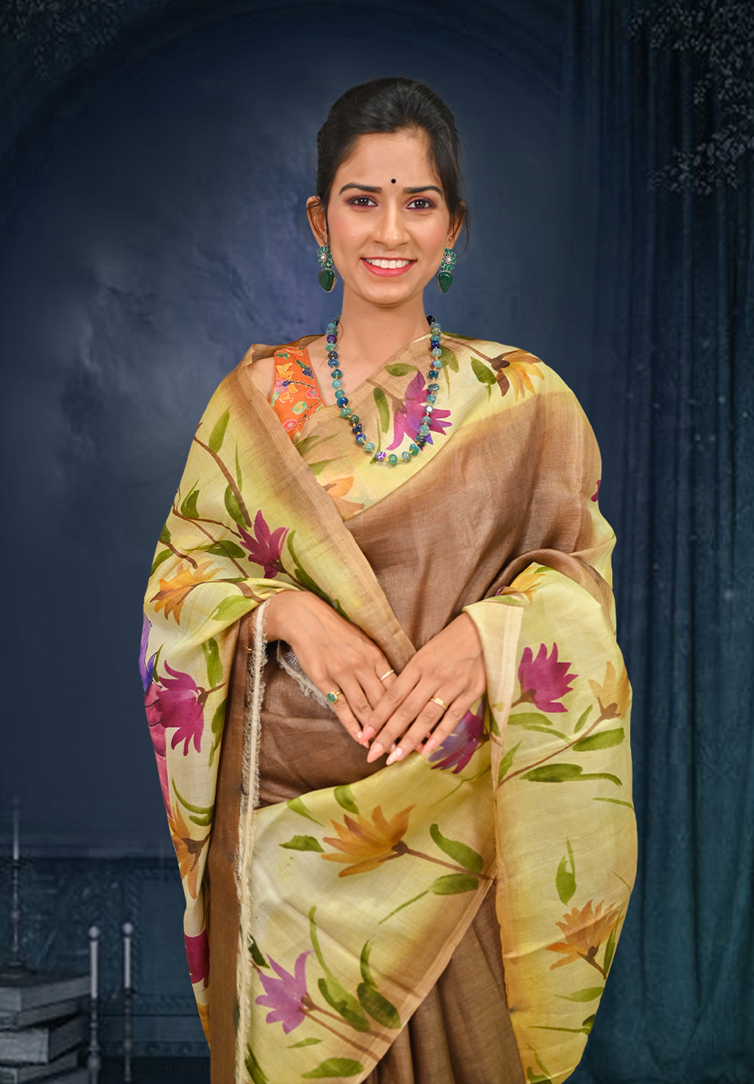 Pure silk handpaint Kalamkari Saree With Blouse Piece – Coffee