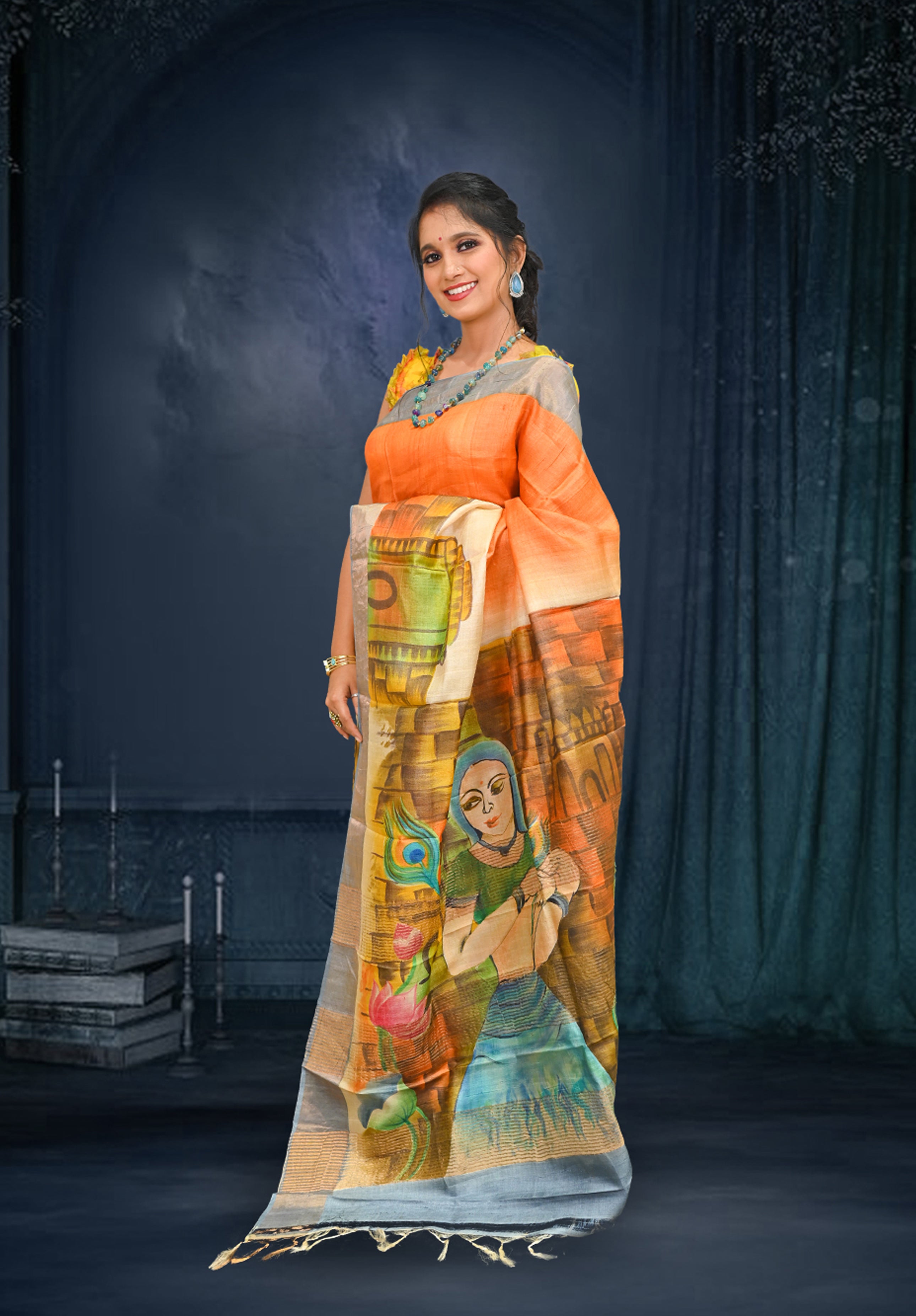 Pure silk handpaint Kalamkari Saree With Blouse Piece – Light Mustard