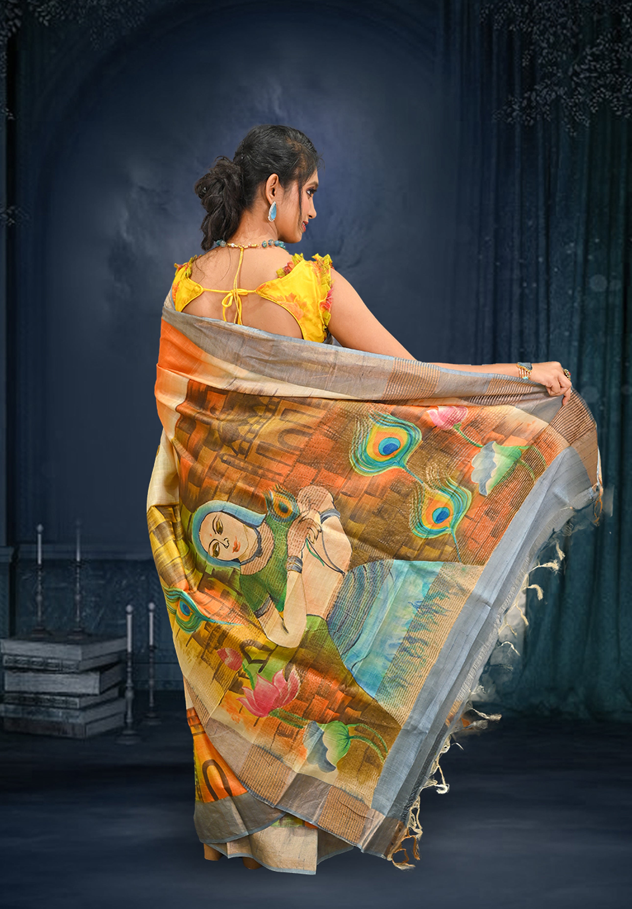 Pure silk handpaint Kalamkari Saree With Blouse Piece – Light Mustard