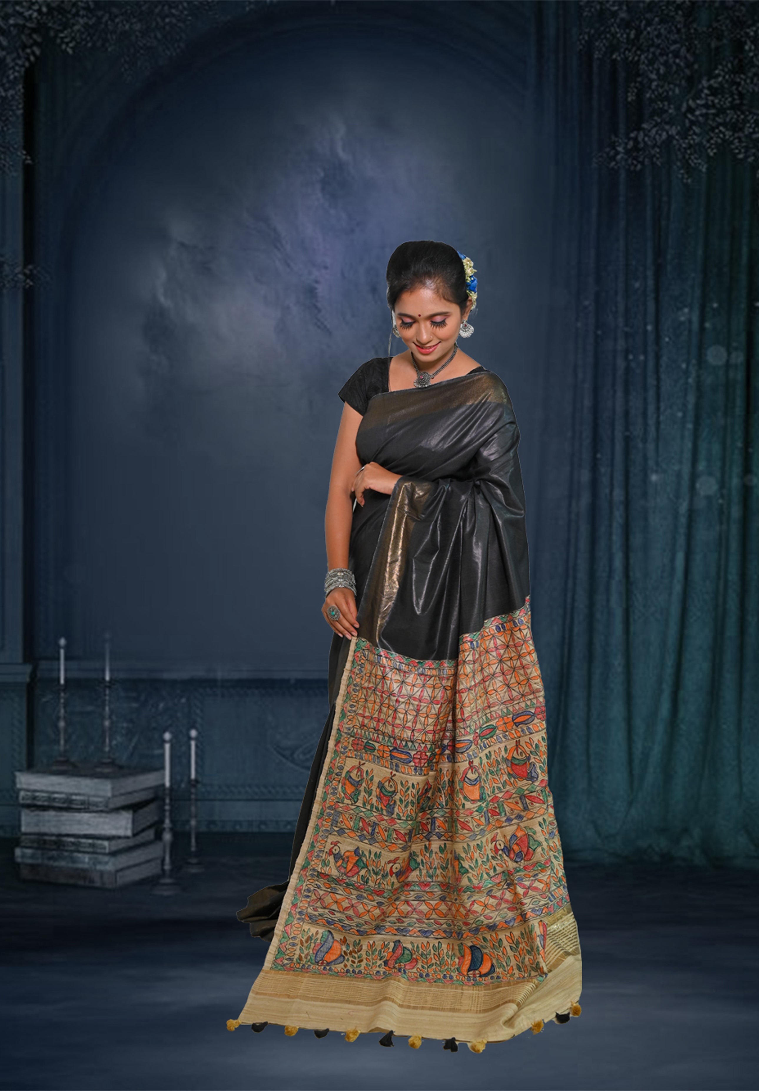 Pure Madhubani Saree With Blouse Piece – Black