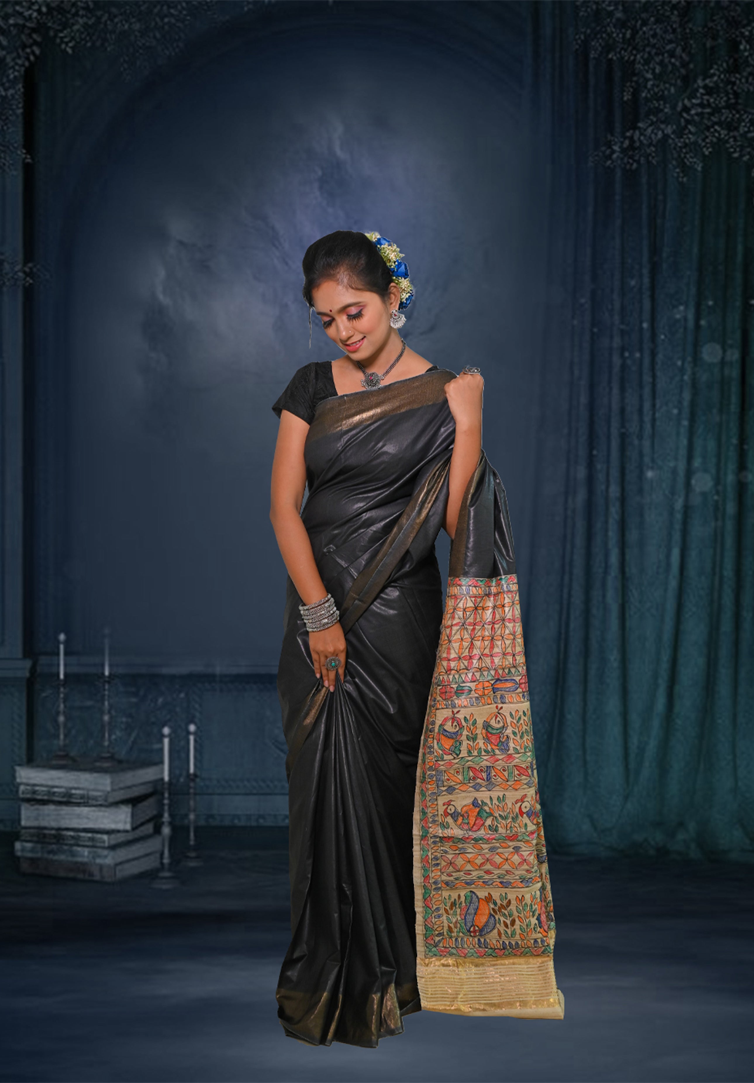 Pure Madhubani Saree With Blouse Piece – Black