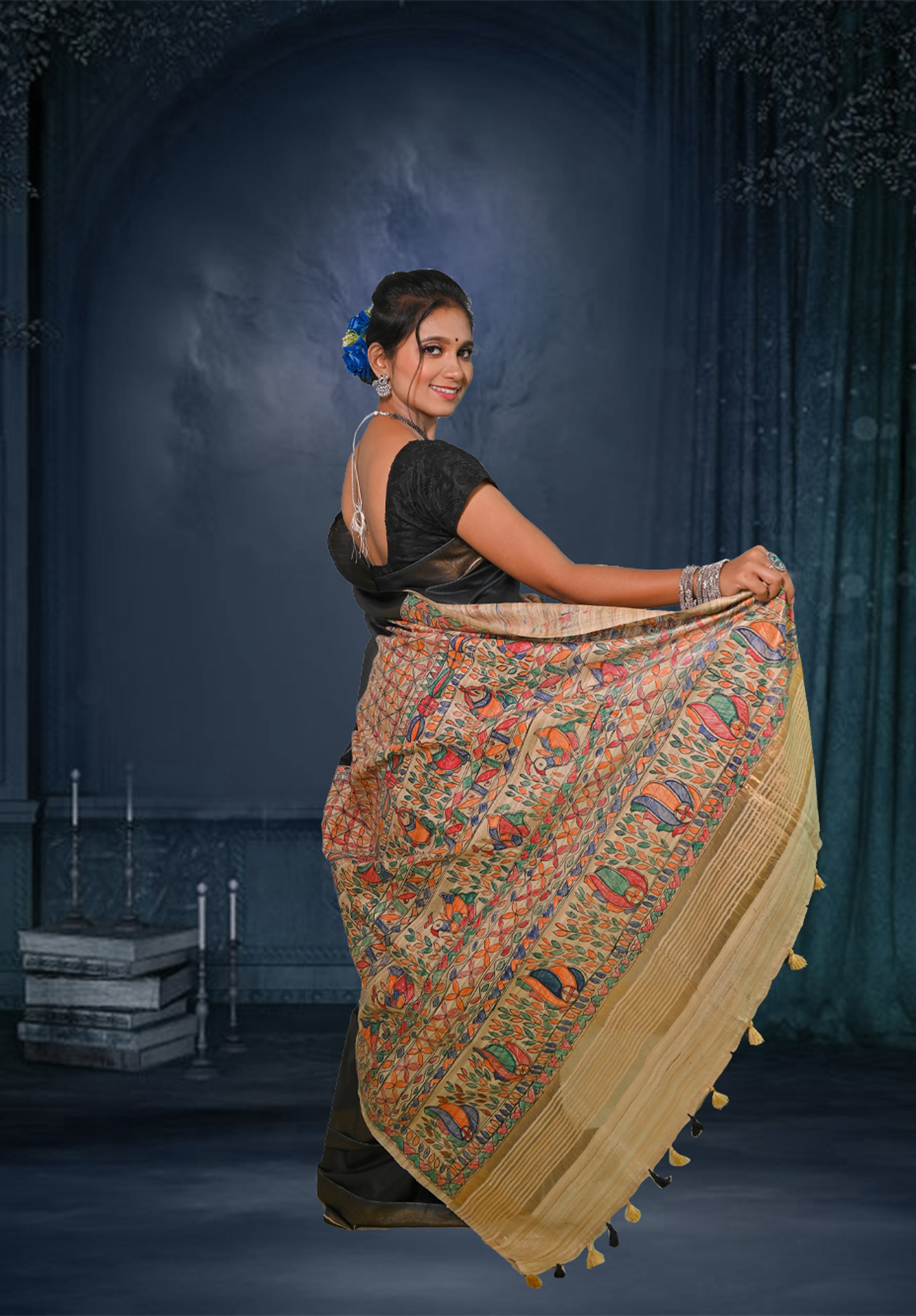 Pure Madhubani Saree With Blouse Piece – Black