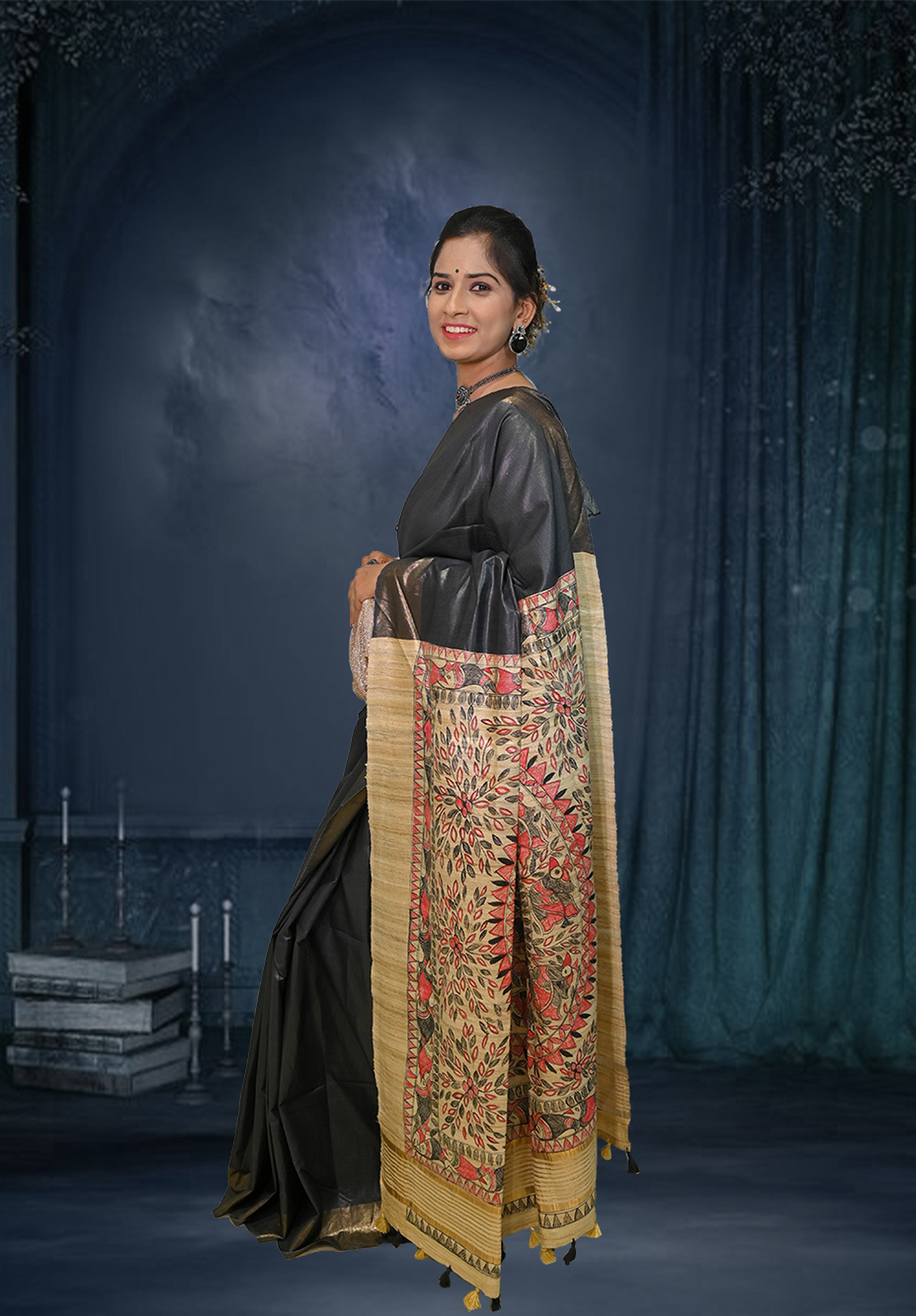 Pure Madhubani Saree With Blouse Piece – Black