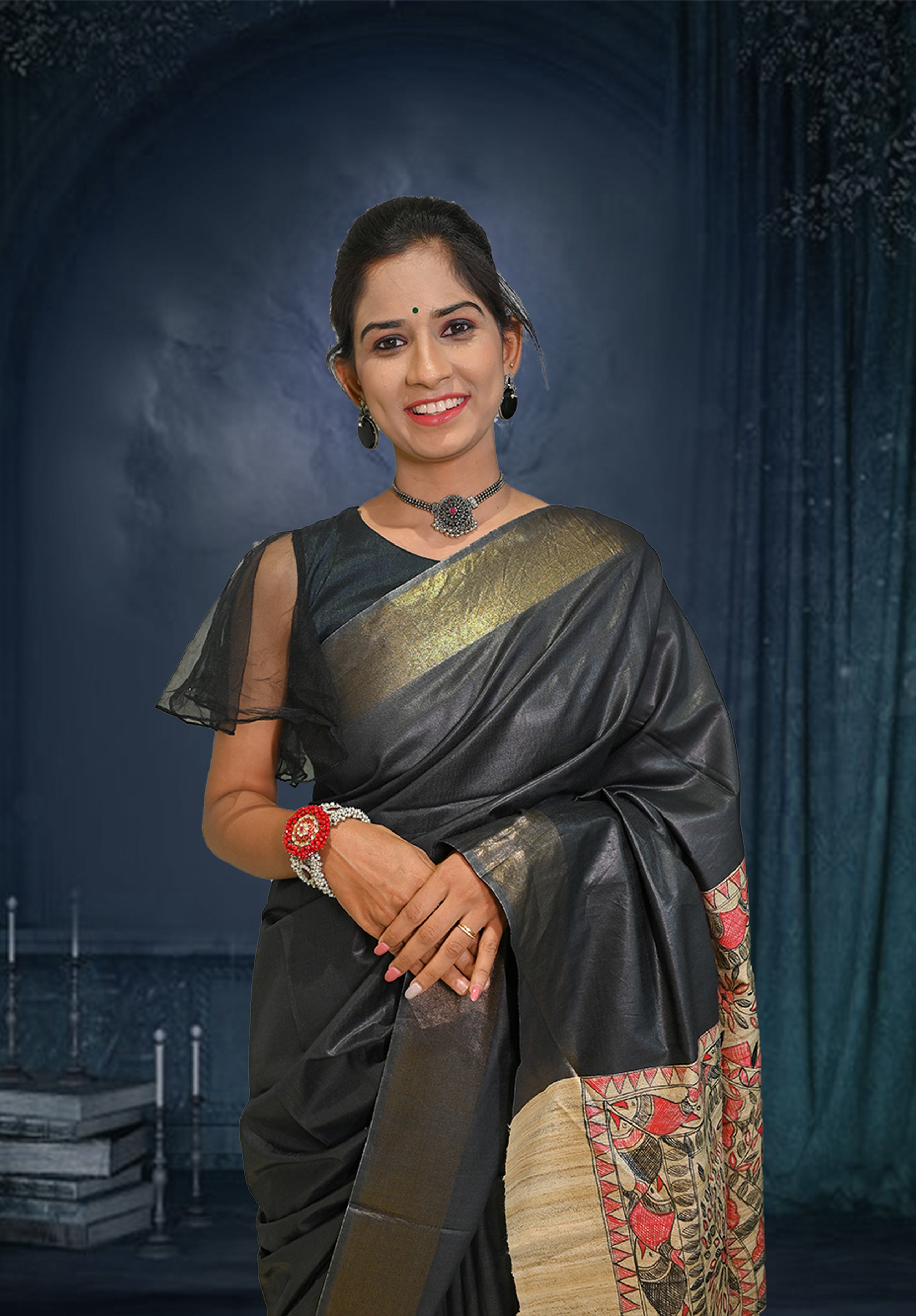 Pure Madhubani Saree With Blouse Piece – Black