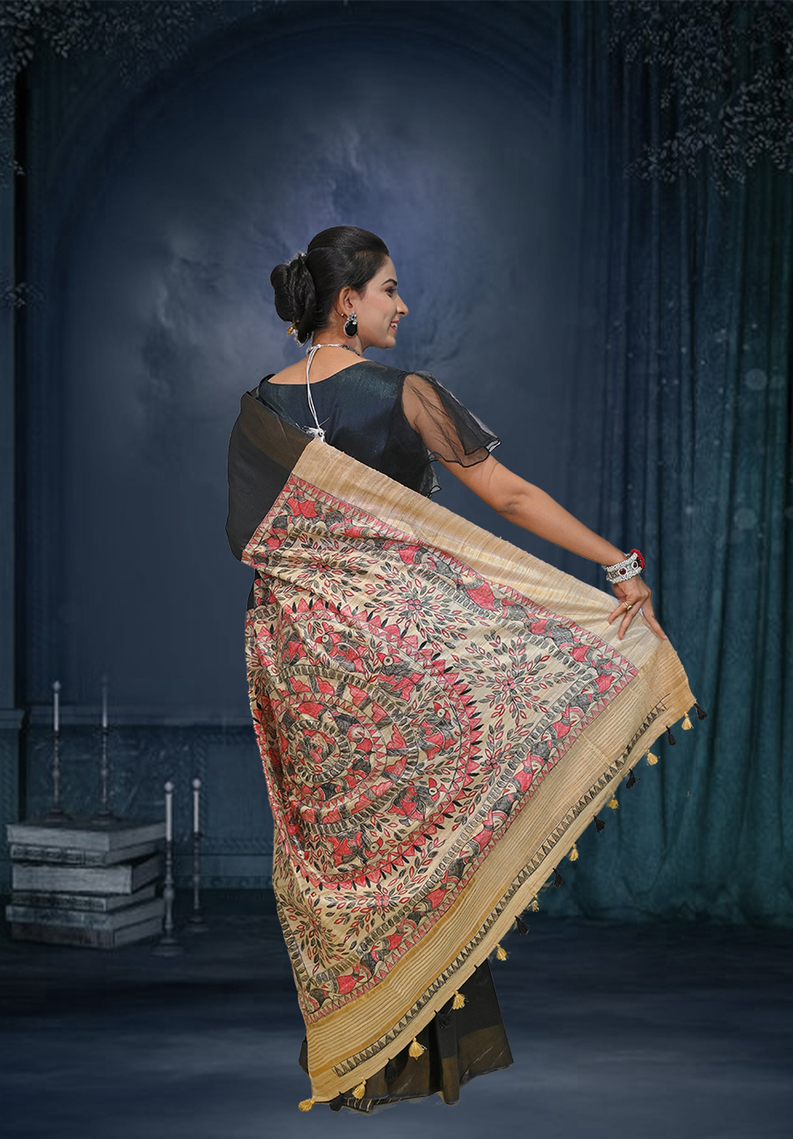 Pure Madhubani Saree With Blouse Piece – Black