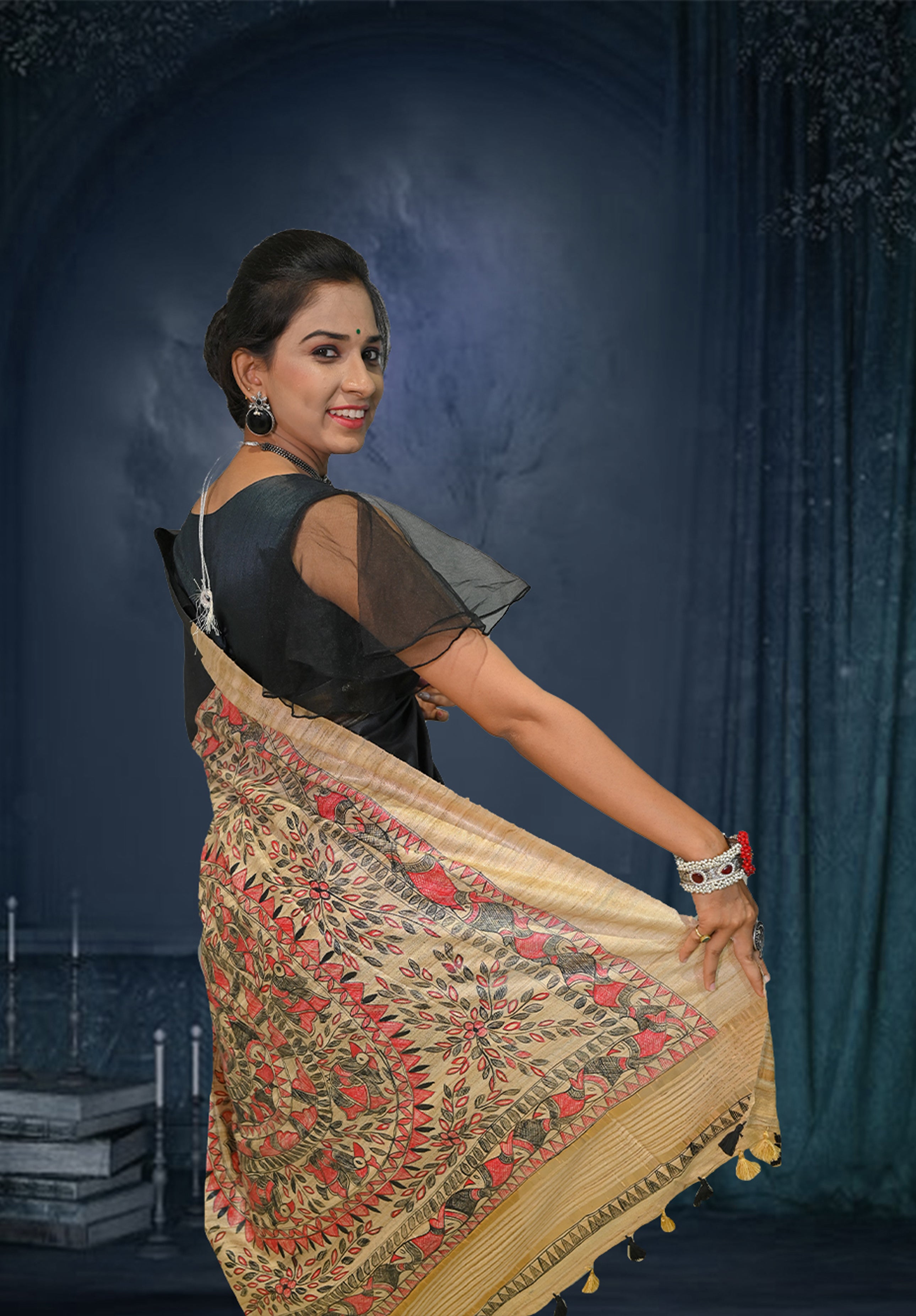 Pure Madhubani Saree With Blouse Piece – Black