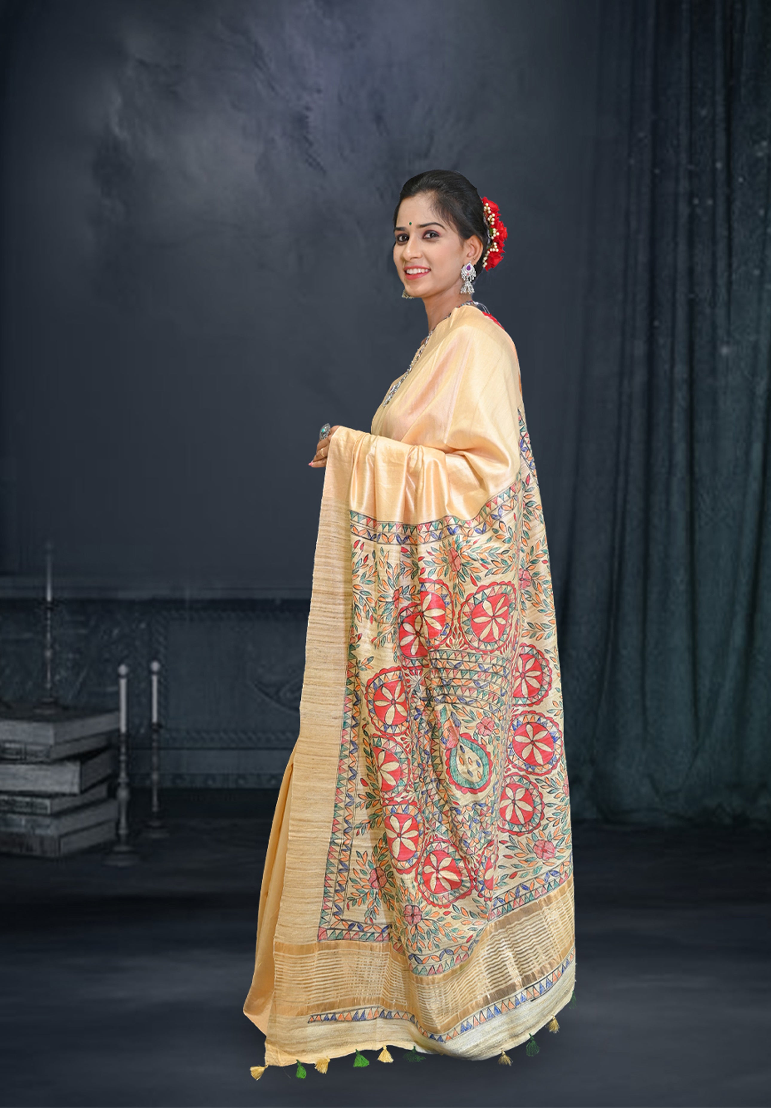 Pure Madhubani Saree With Blouse Piece – Cream