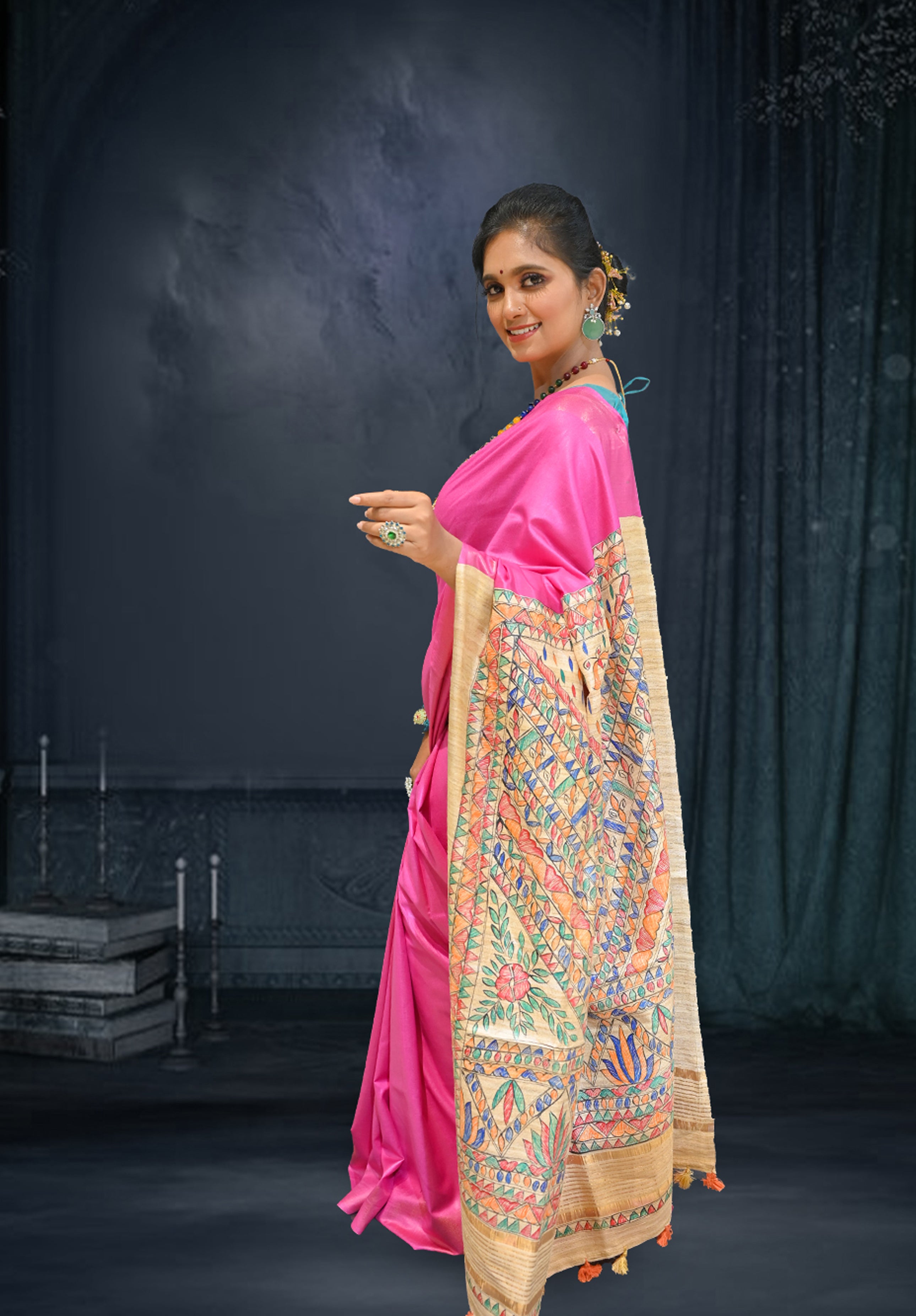 Pure Madhubani Saree With Blouse Piece – Pink