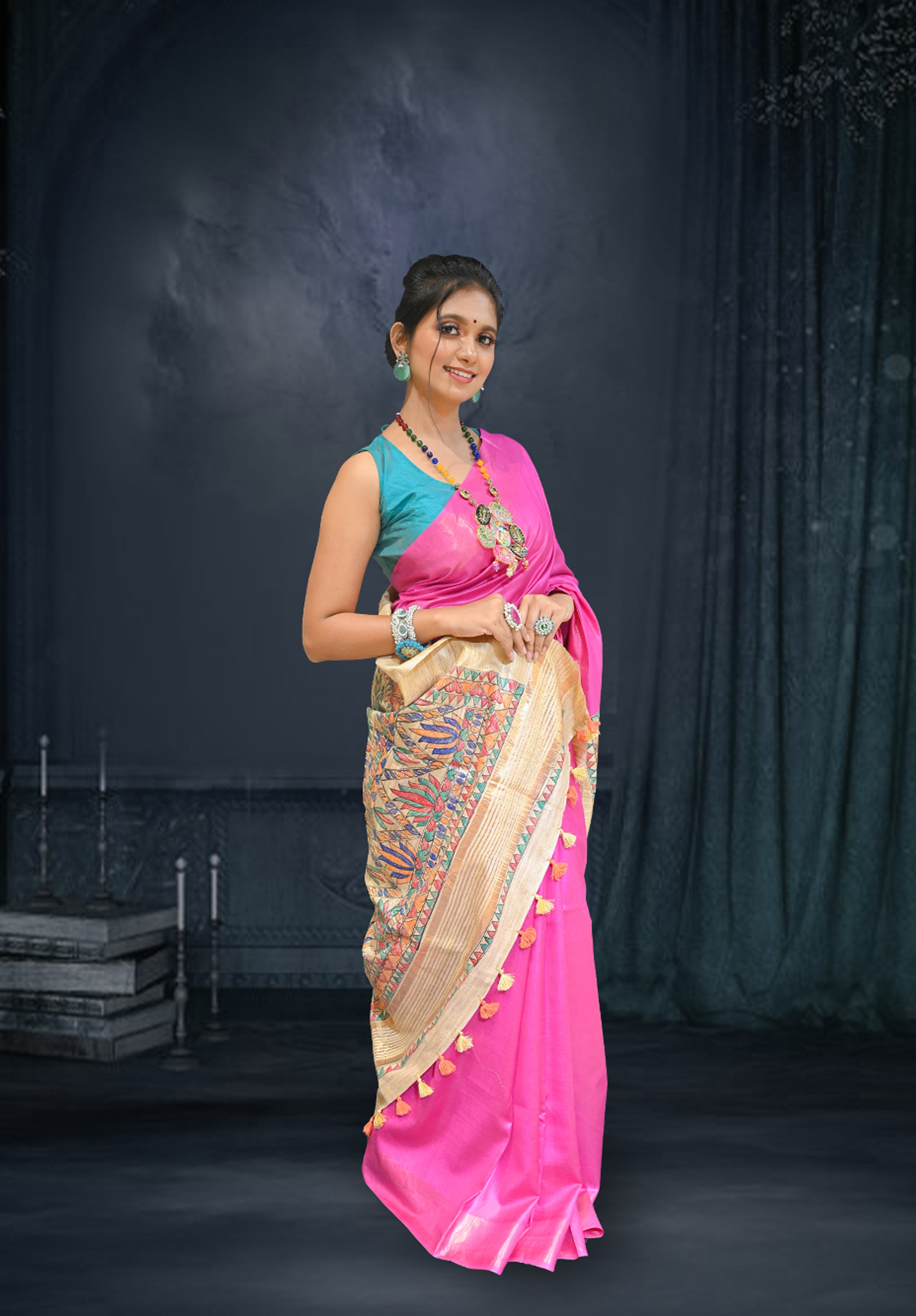 Pure Madhubani Saree With Blouse Piece – Pink