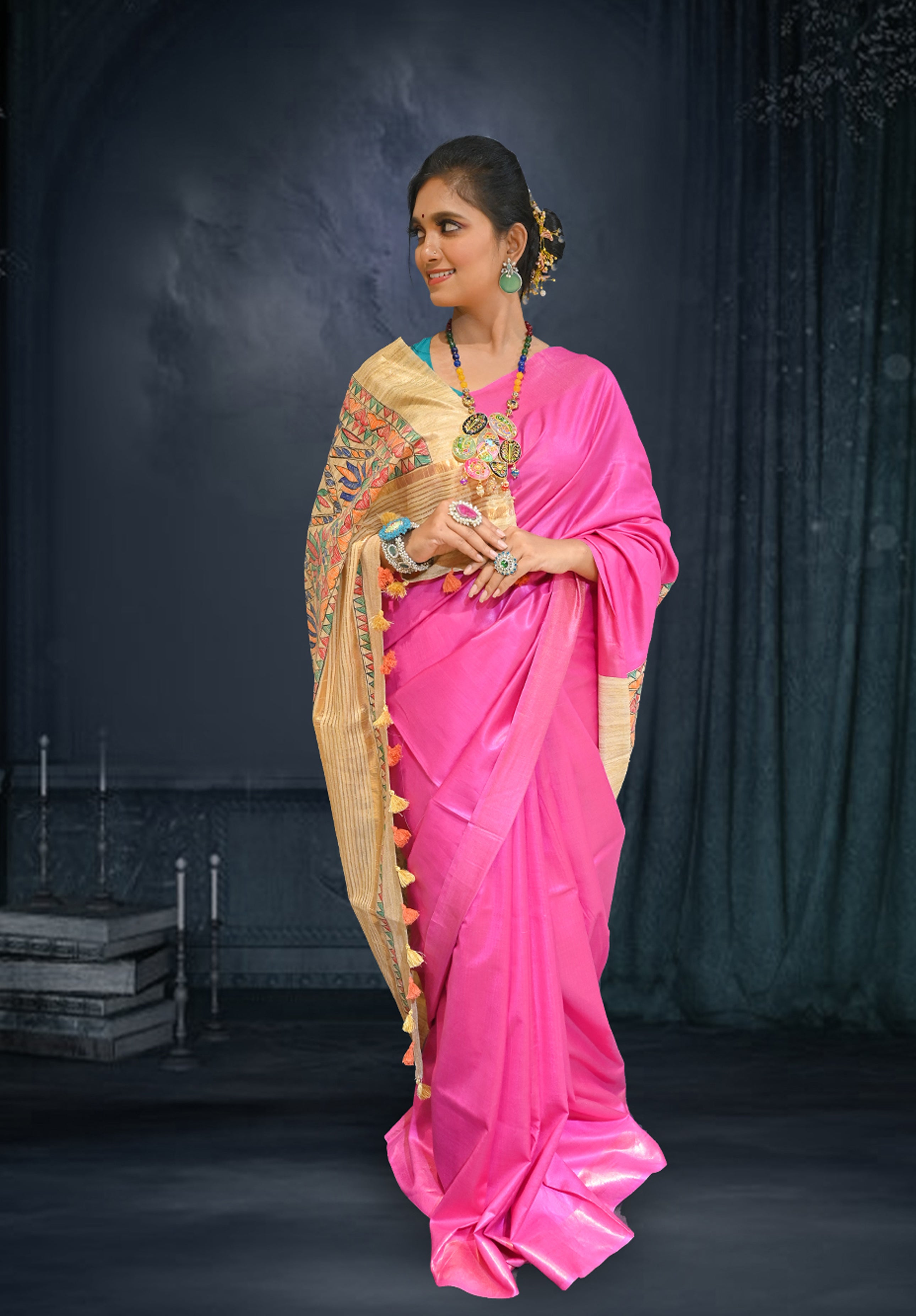 Pure Madhubani Saree With Blouse Piece – Pink