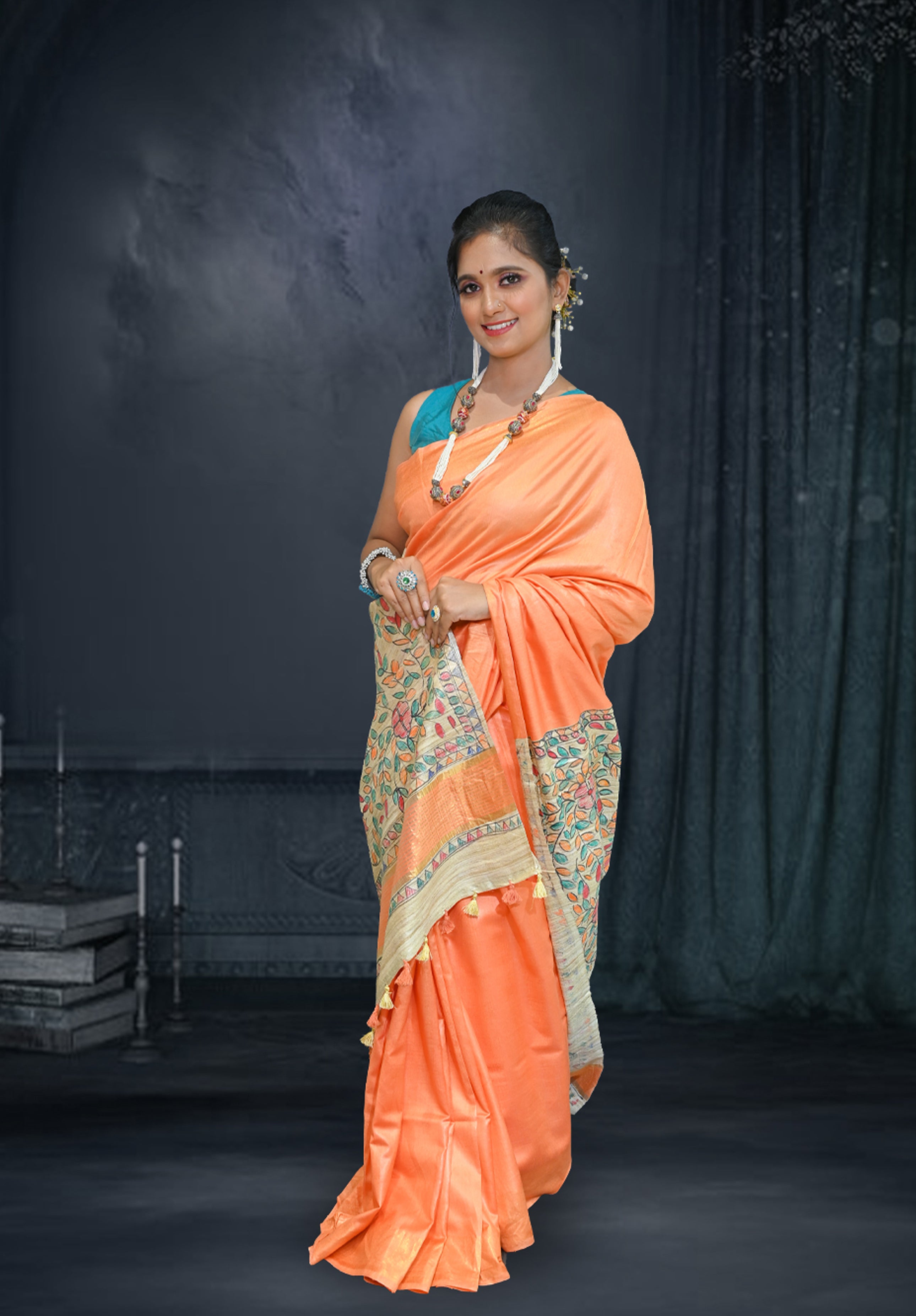 Pure Madhubani Saree With Blouse Piece – Orange